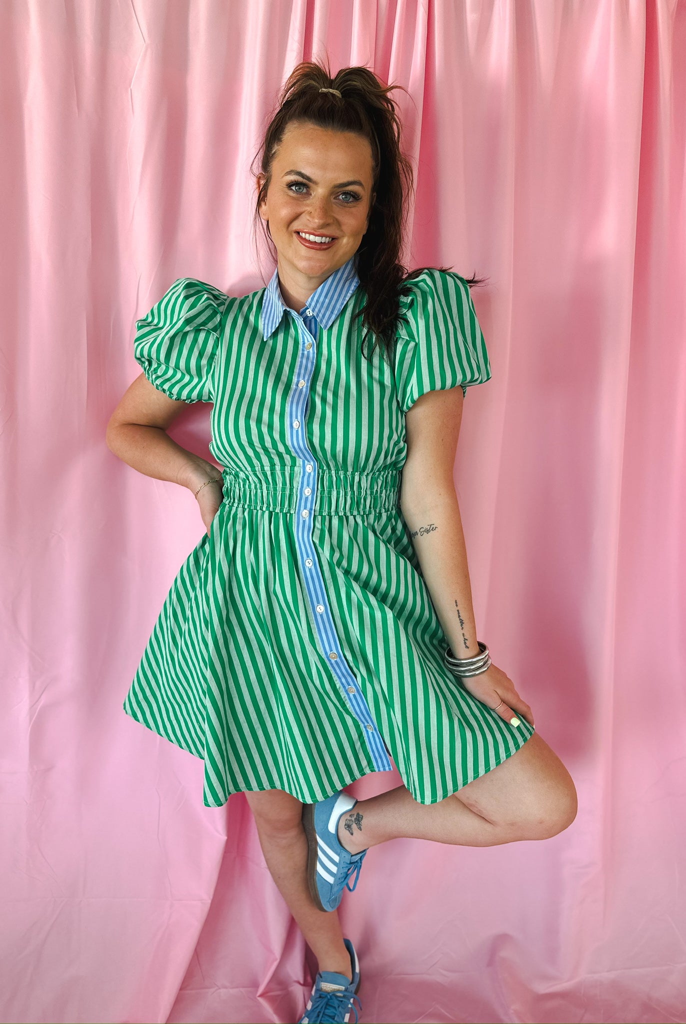 Entro green stripe dress with contrast blue collar, puff sleeves, blue button placket, and shirred waist.