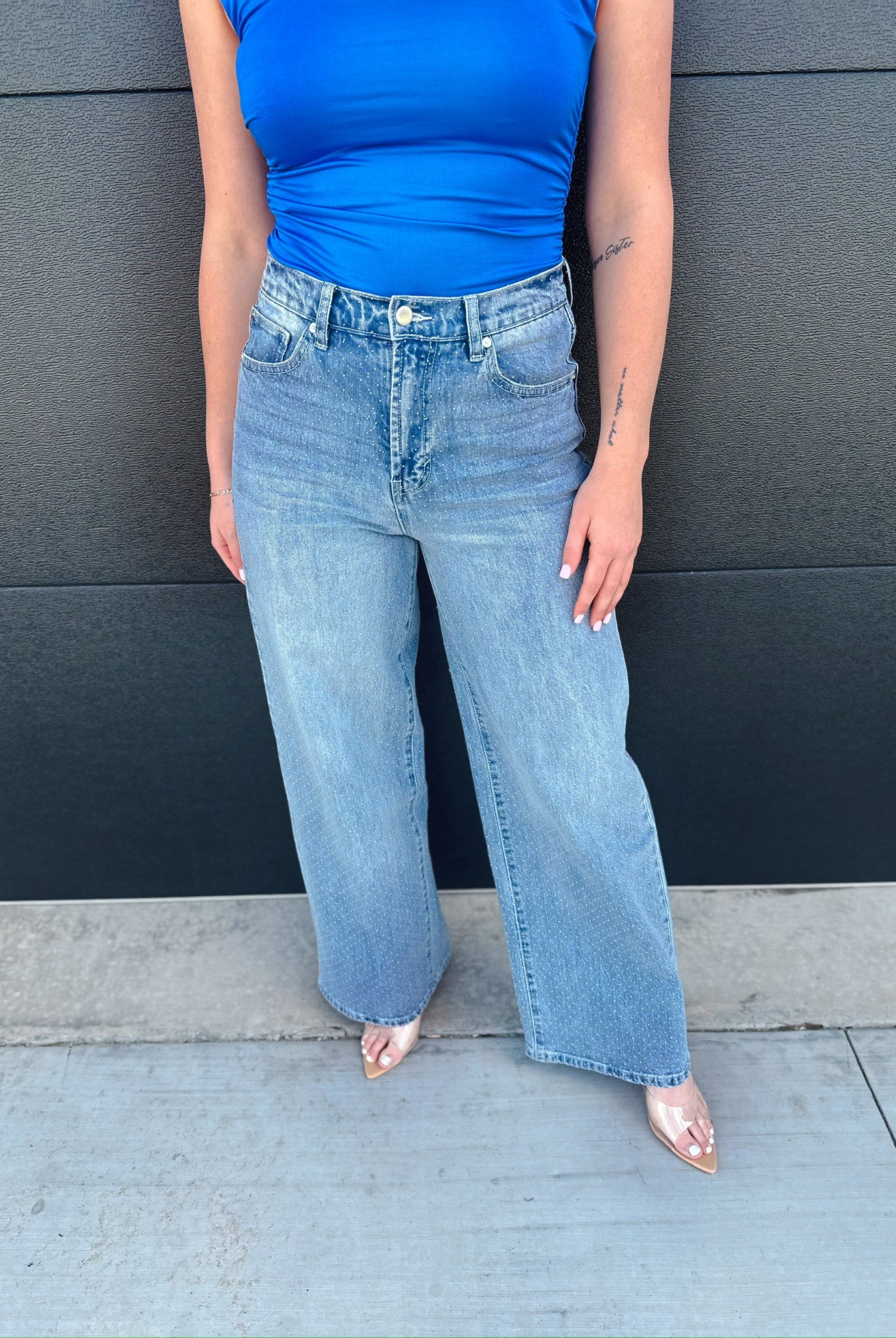 Habitual Gemma micro stud slouch wide leg jeans in light blue wash with a blue top.
