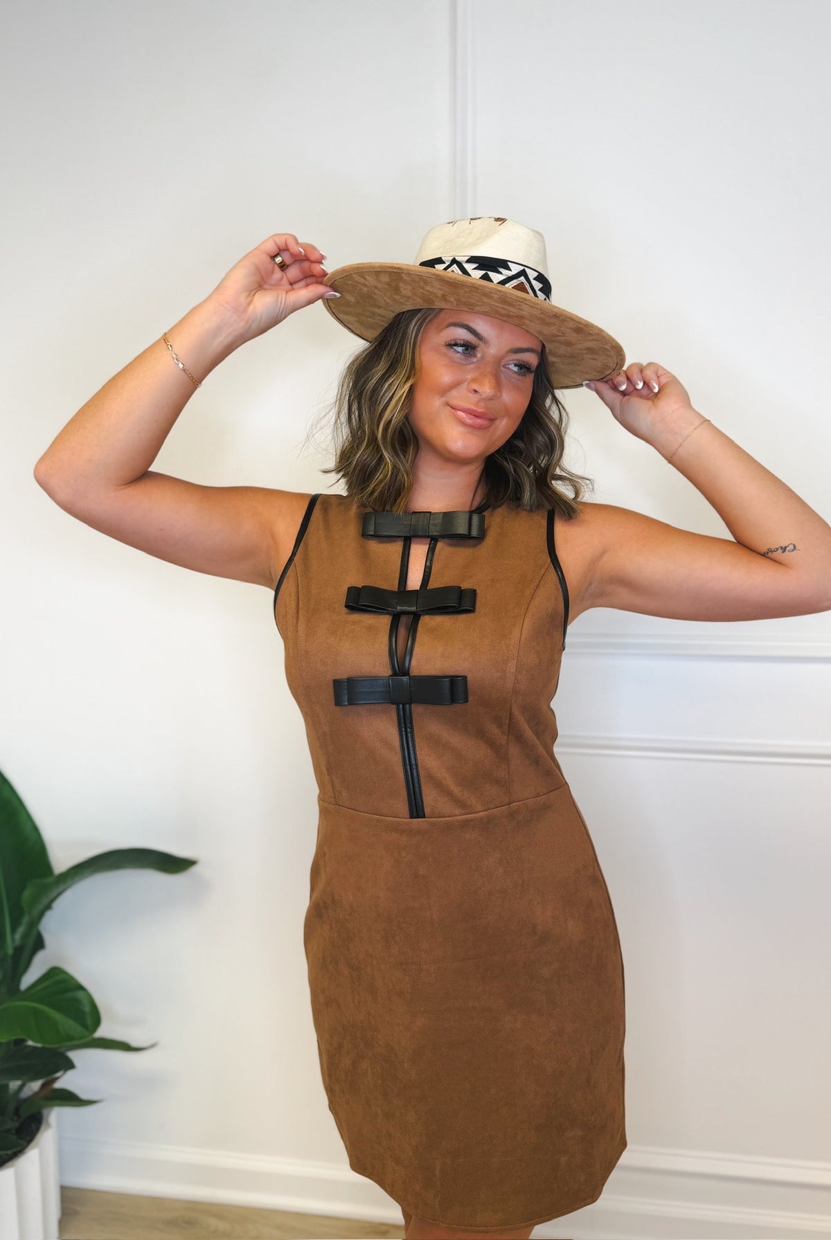 Western Ways bow mini dress, women's dress from Aurea Lux Collective boutique in Lawton, OK, image 1 of 4
