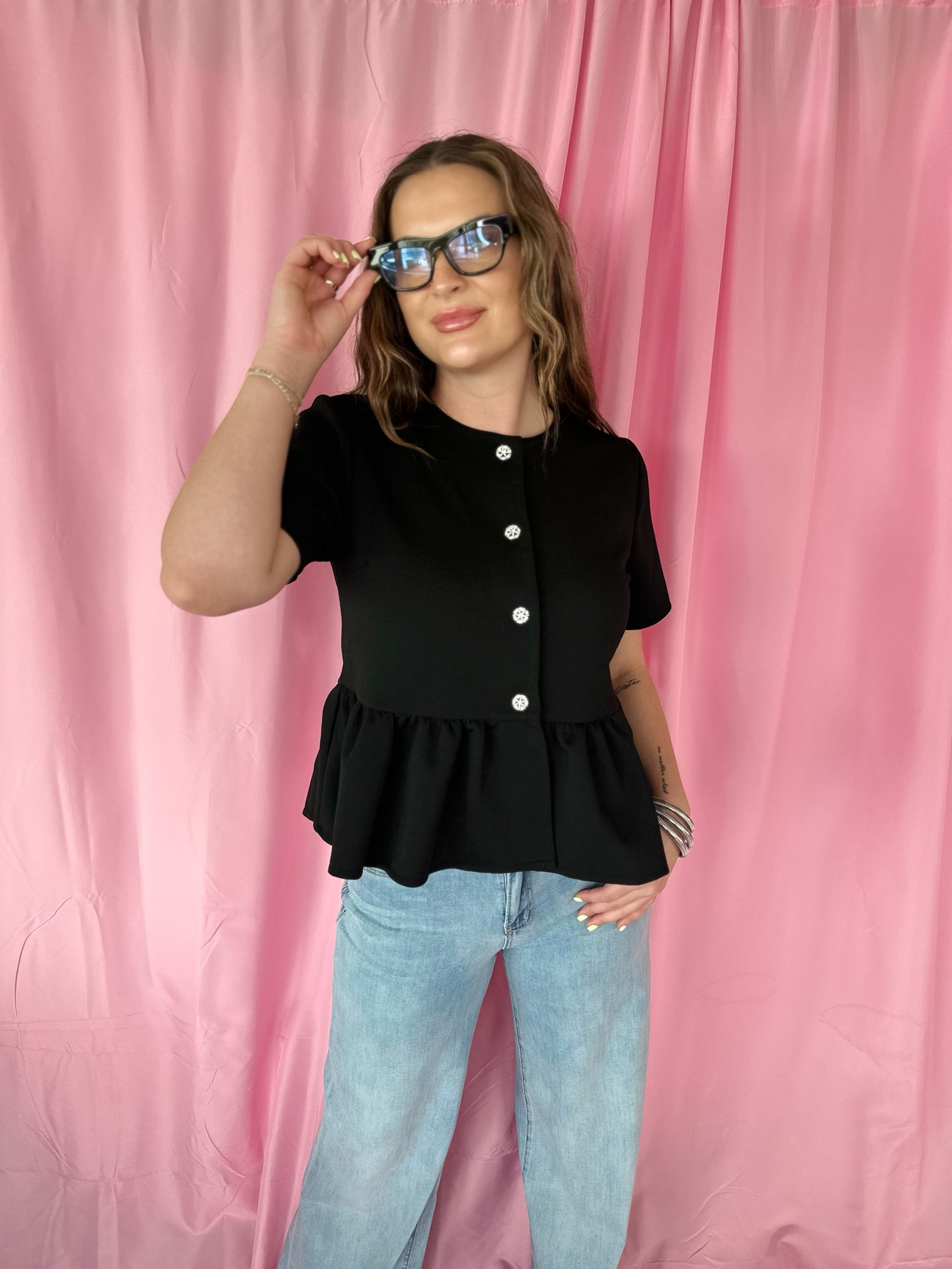 Entro Black Jeweled Button Peplum Jacket