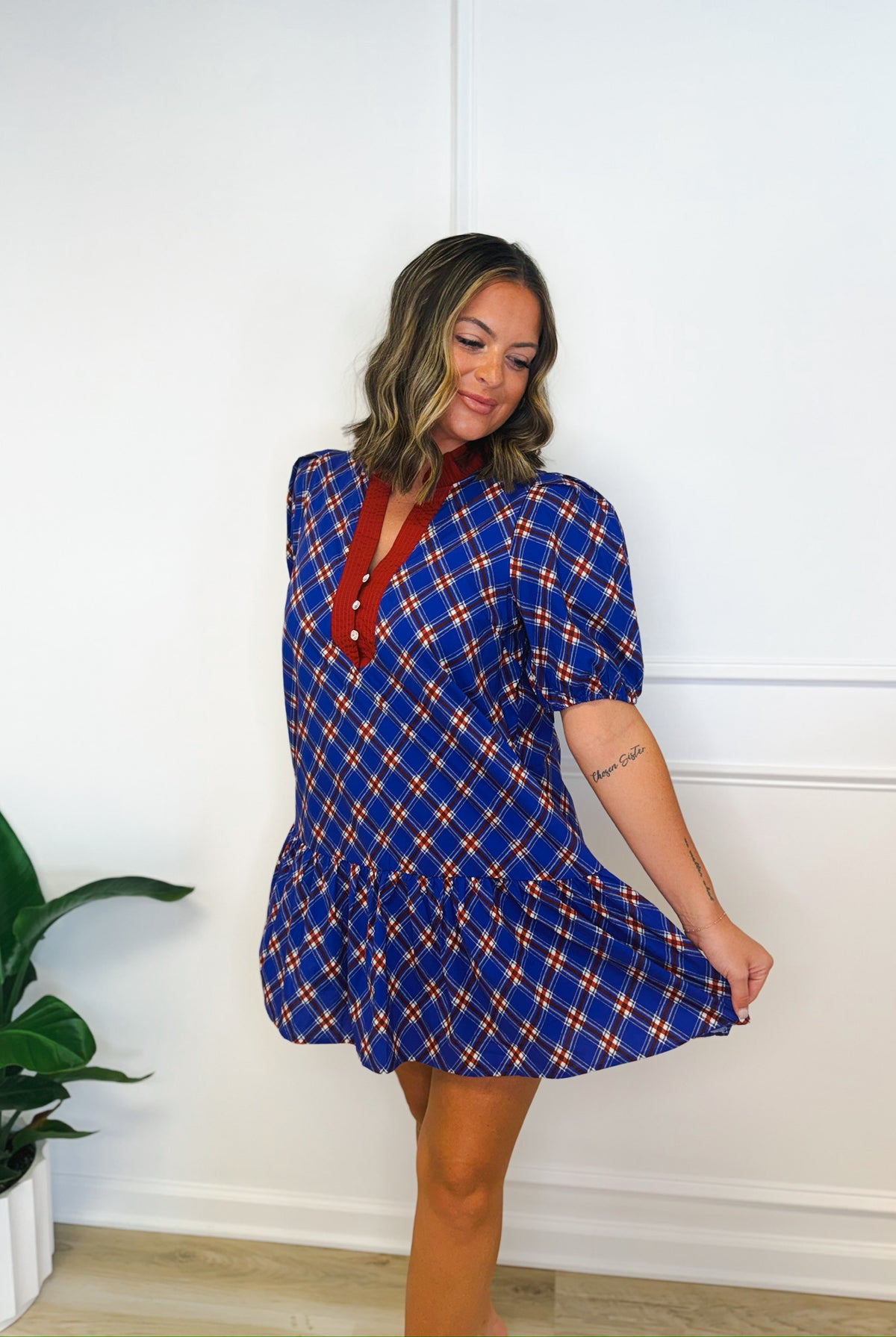 Autumn in plaid contrast mini dress, women's dress from Aurea Lux Collective boutique in Lawton, OK, image 3 of 5