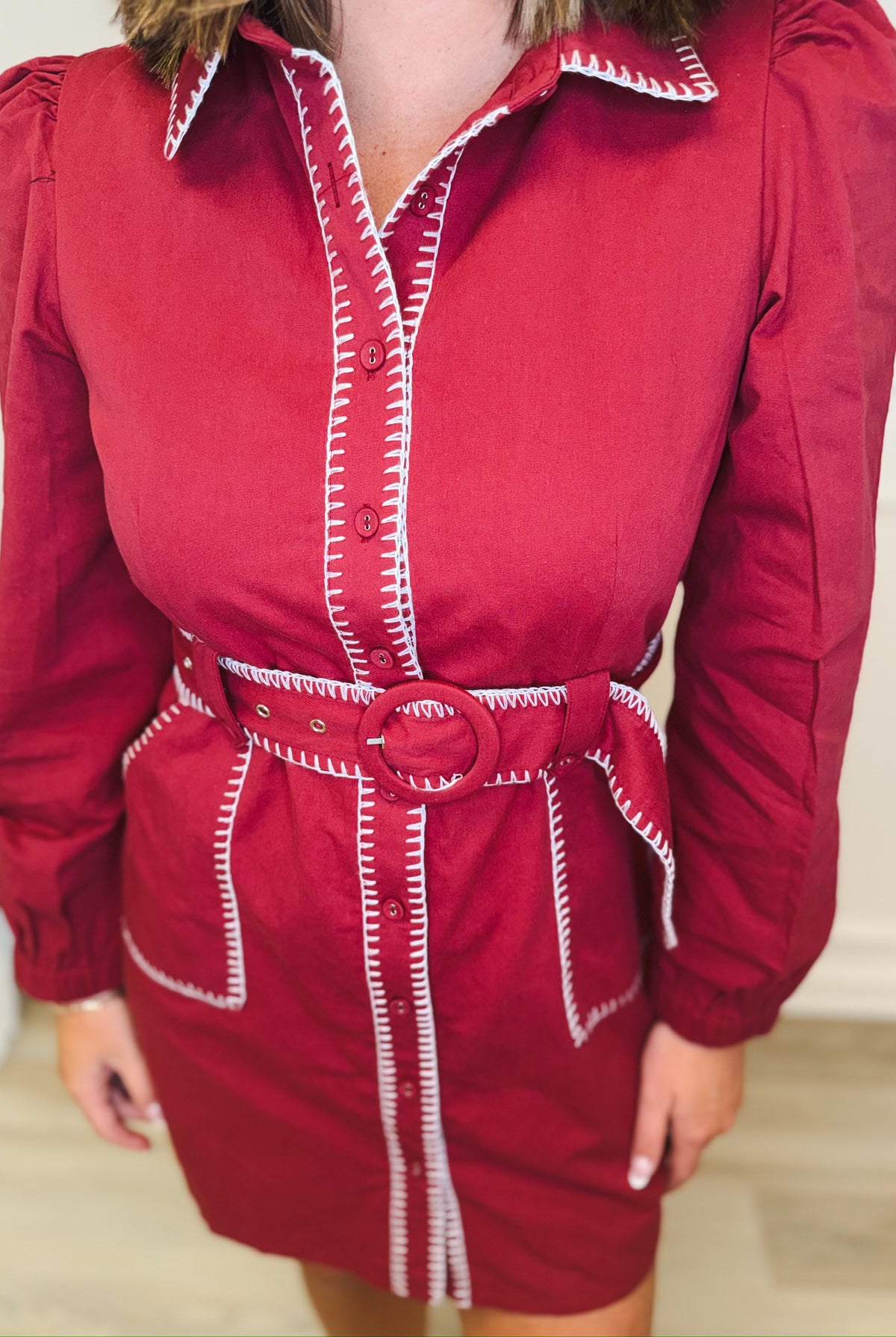 Crimson Crush contrast stitch dress, women's dress from Aurea Lux Collective boutique in Lawton, OK, image 6 of 6