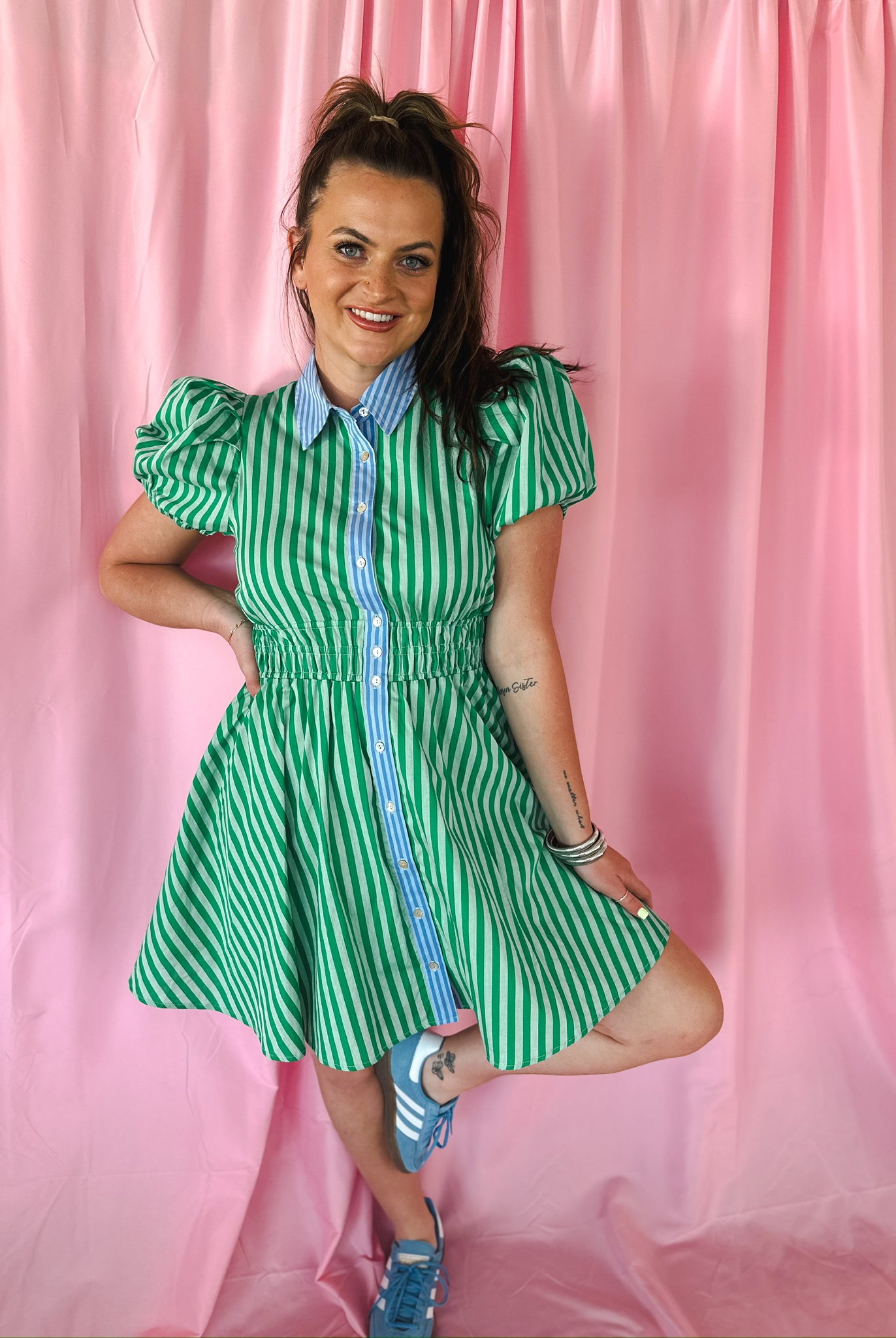 Entro Green Stripe Contrast Puff Sleeve Dress