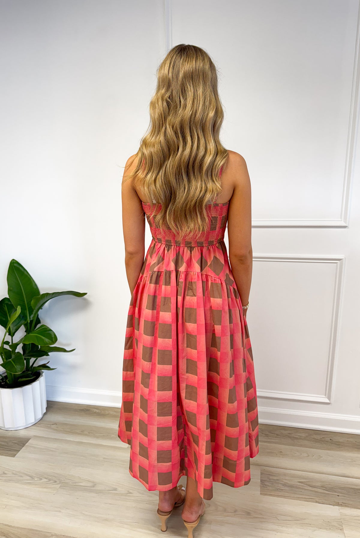 Coral check Yes dress, women's dress from Aurea Lux Collective boutique in Lawton, OK, image 3 of 4