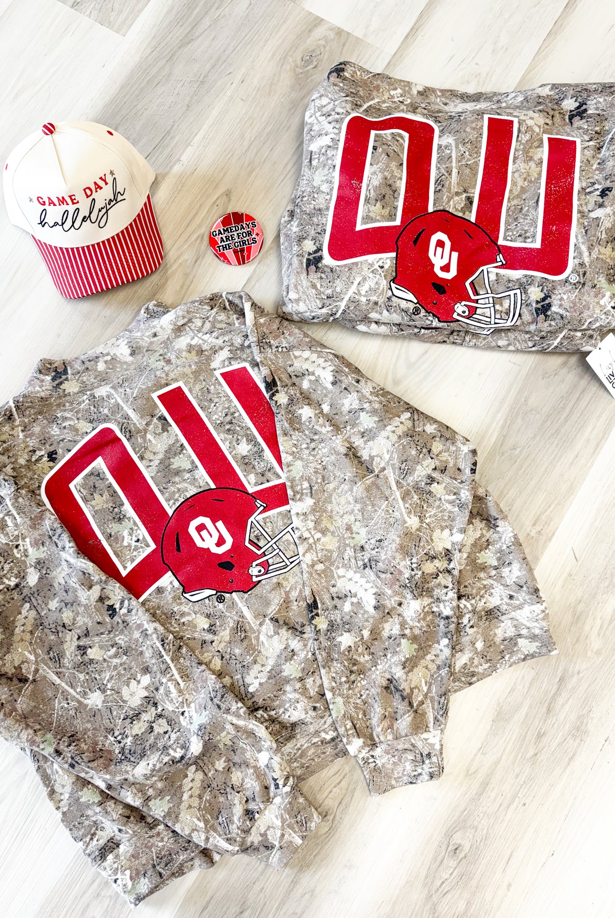 Sooner Season camo sweatshirt, women's sweatshirt from Aurea Lux Collective boutique in Lawton, OK