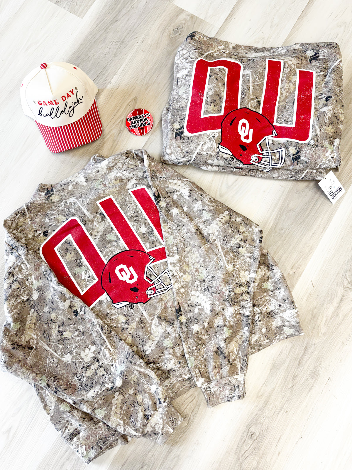 Sooner Season camo sweatshirt, women's sweatshirt from Aurea Lux Collective boutique in Lawton, OK