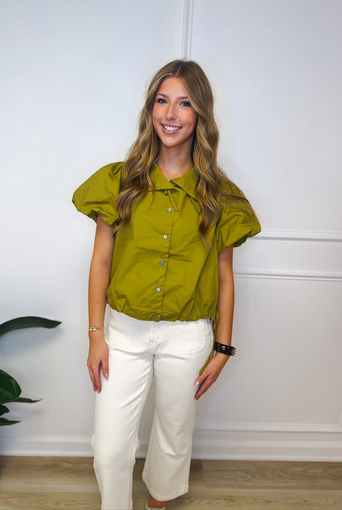 Olive puff sleeve top, women's top from Aurea Lux Collective boutique in Lawton, OK, image 1 of 5