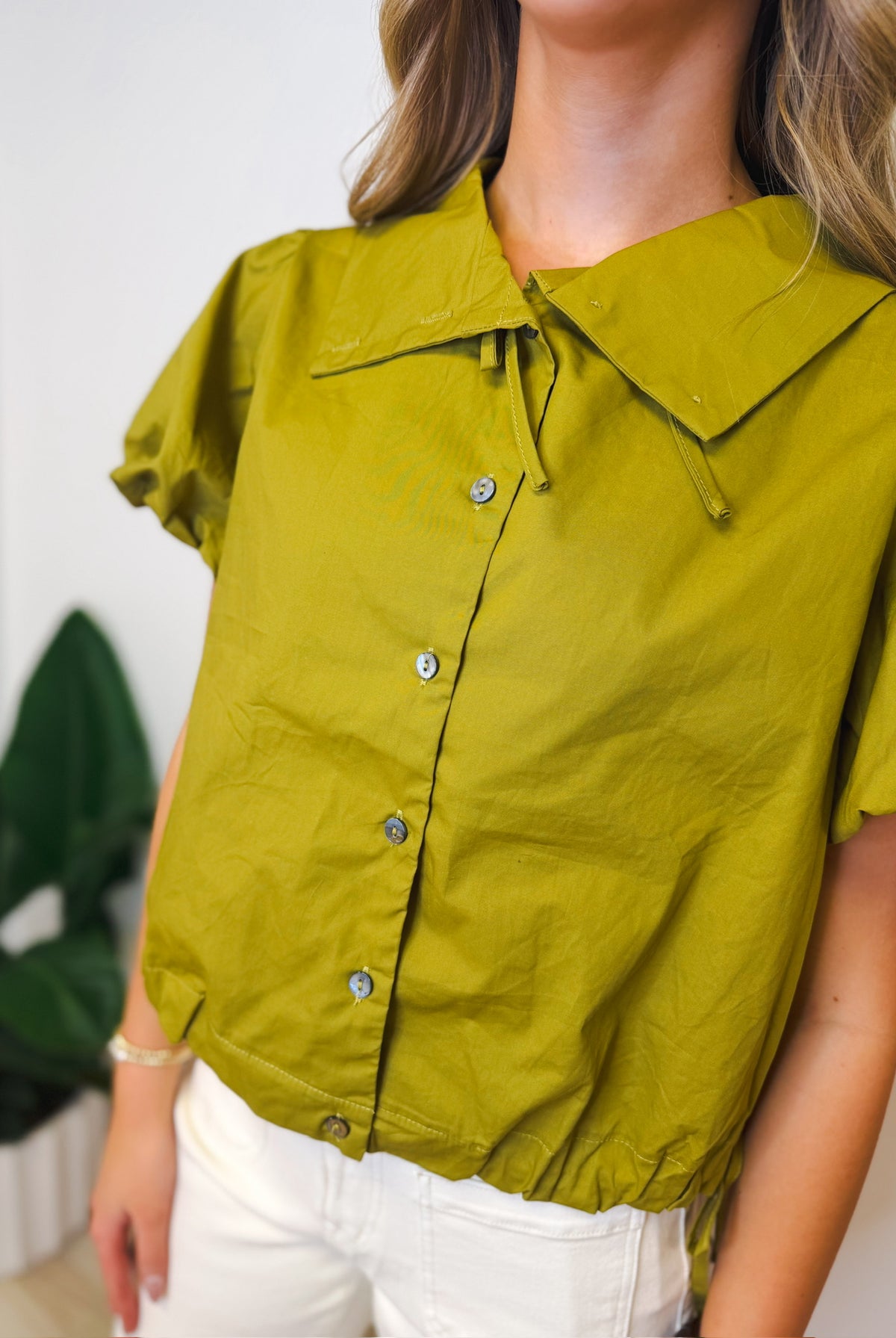 Olive puff sleeve top, women's top from Aurea Lux Collective boutique in Lawton, OK, image 4 of 5