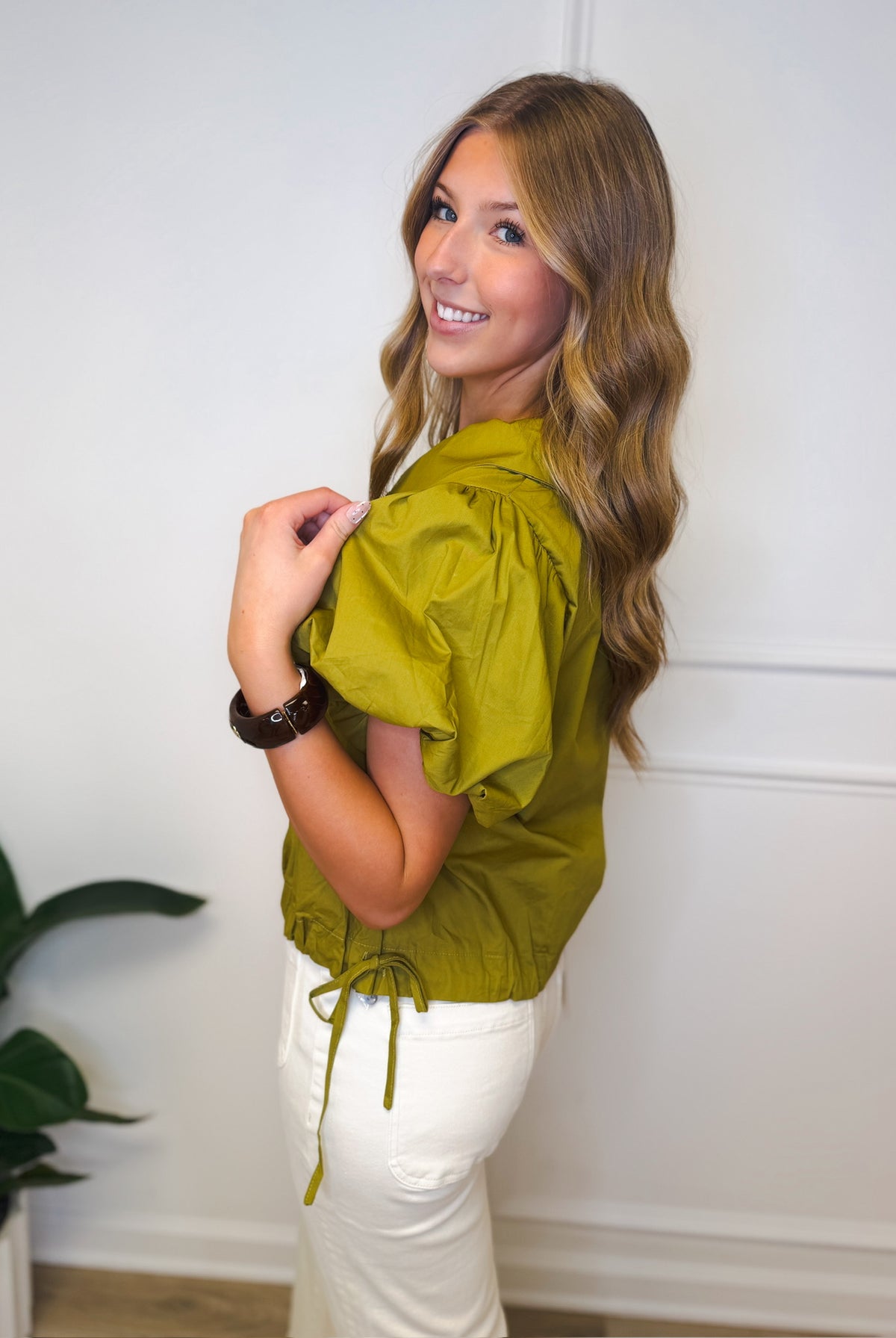 Olive puff sleeve top, women's top from Aurea Lux Collective boutique in Lawton, OK, image 5 of 5