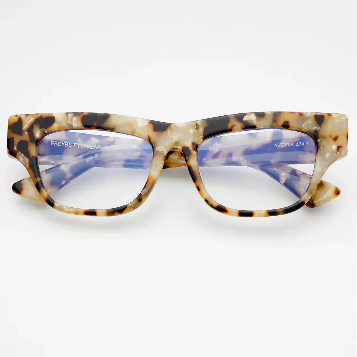Astoria blue light reading eyeglasses with tortoiseshell pattern frames and clear lenses.