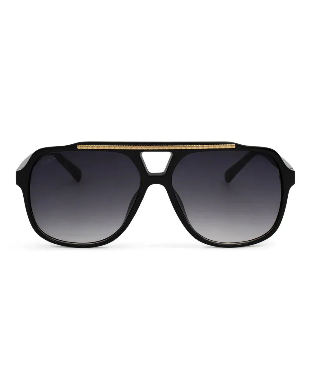 Astrid oversized aviator sunglasses with black frames, gold detail across the top, and gradient grey lenses.
