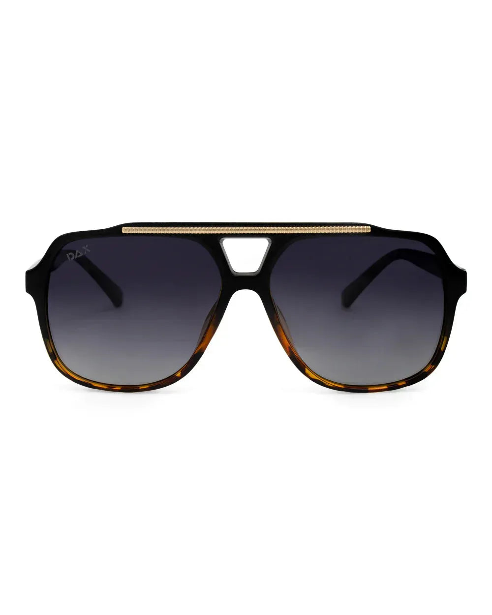 Oversized aviator sunglasses with black frames, tortoiseshell accents, dark gradient lenses, and a gold textured double