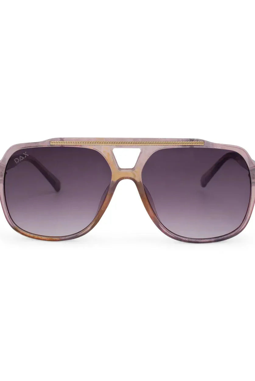 Astrid oversized aviator sunglasses with translucent purple frames and gradient grey lenses. Features a gold double bridge.