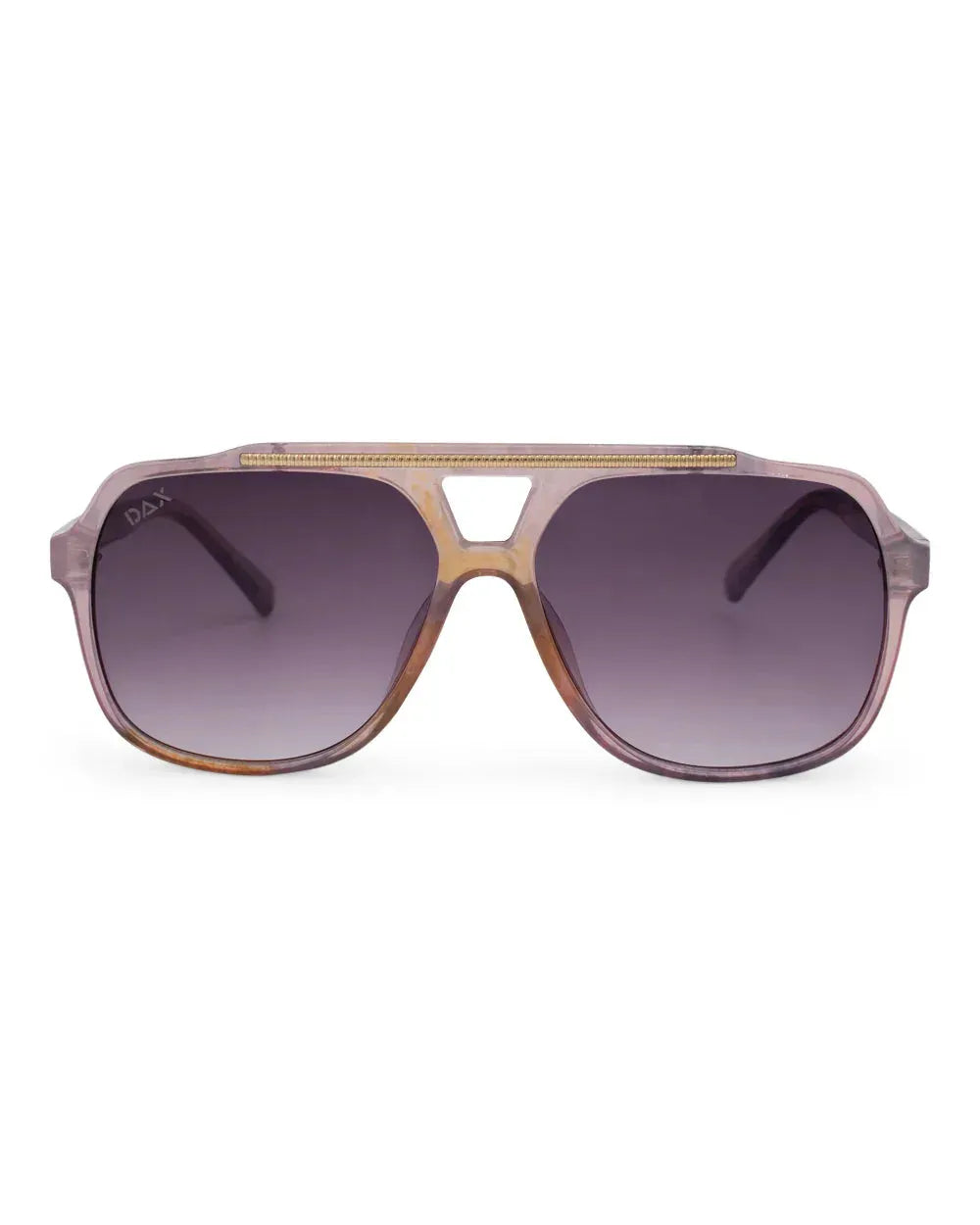 Astrid oversized aviator sunglasses with translucent purple frames and gradient grey lenses. Features a gold double bridge.