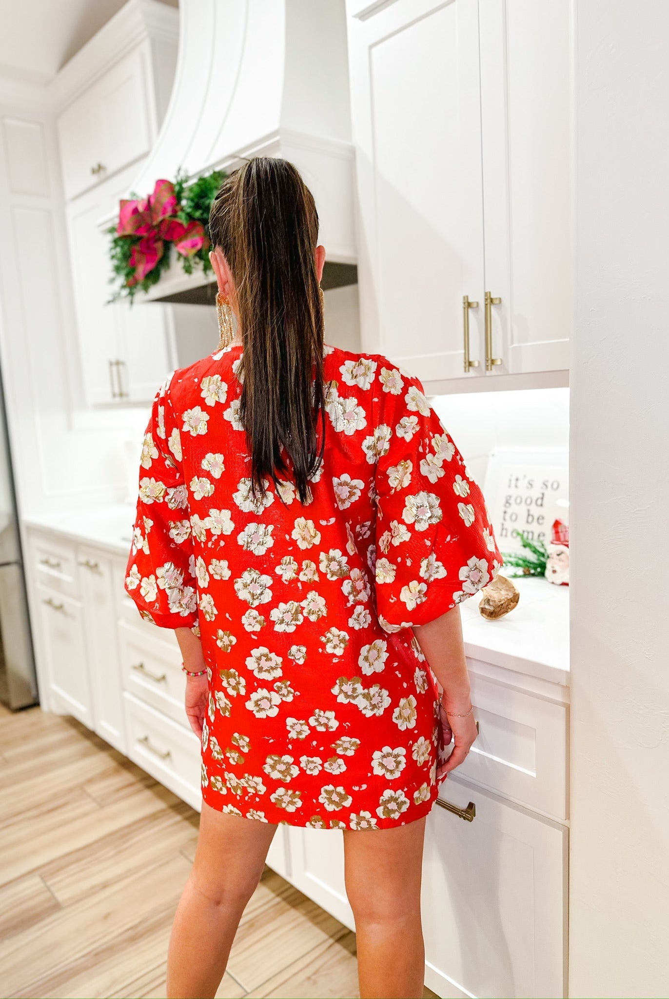 BECKY JACQUARD SCARLET DRESS- RED WITH GOLD DETAIL - Dress