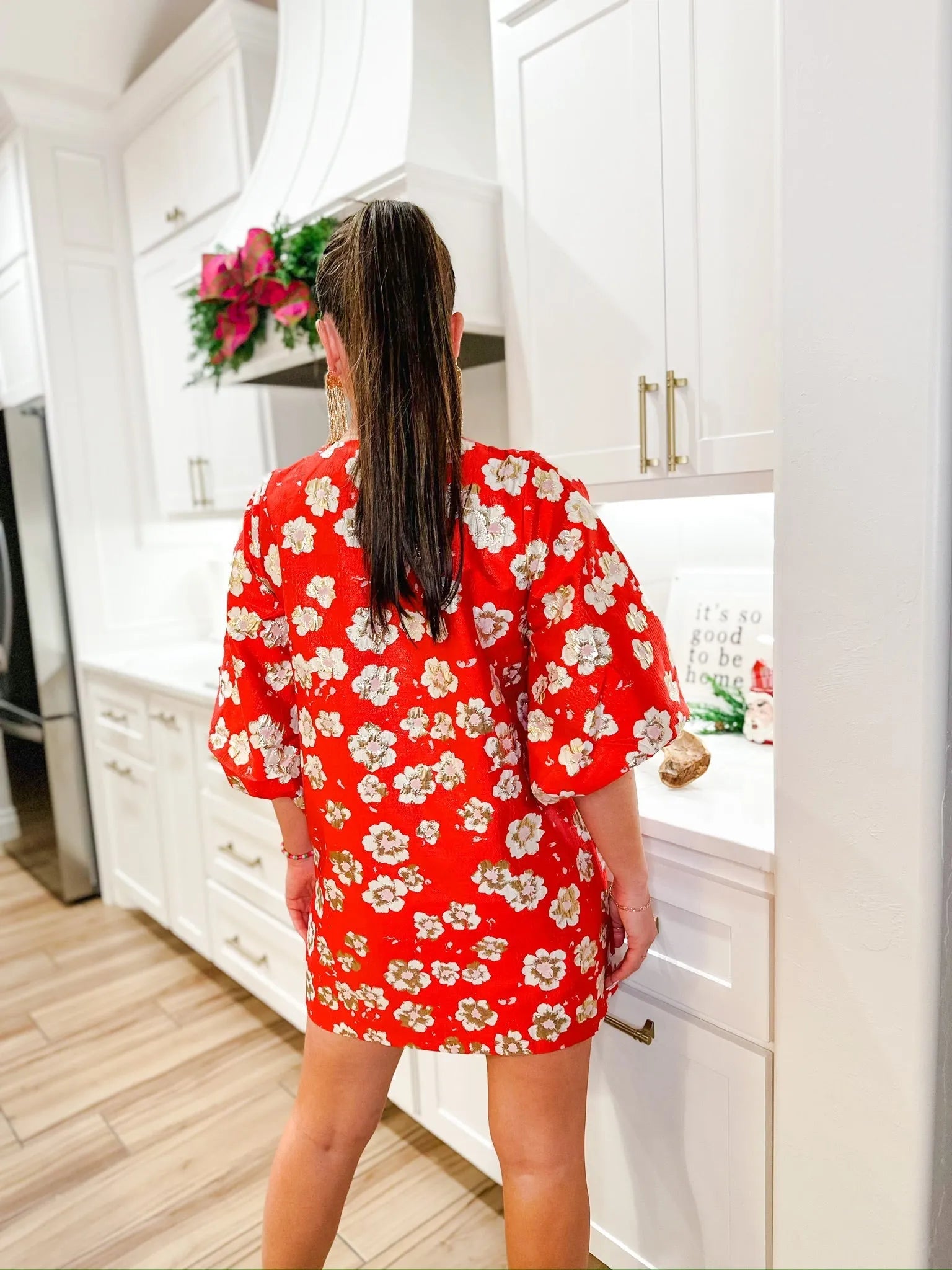 Becky Jacquard Short Dress in red with a white floral pattern, featuring puff sleeves and a mini hemline.