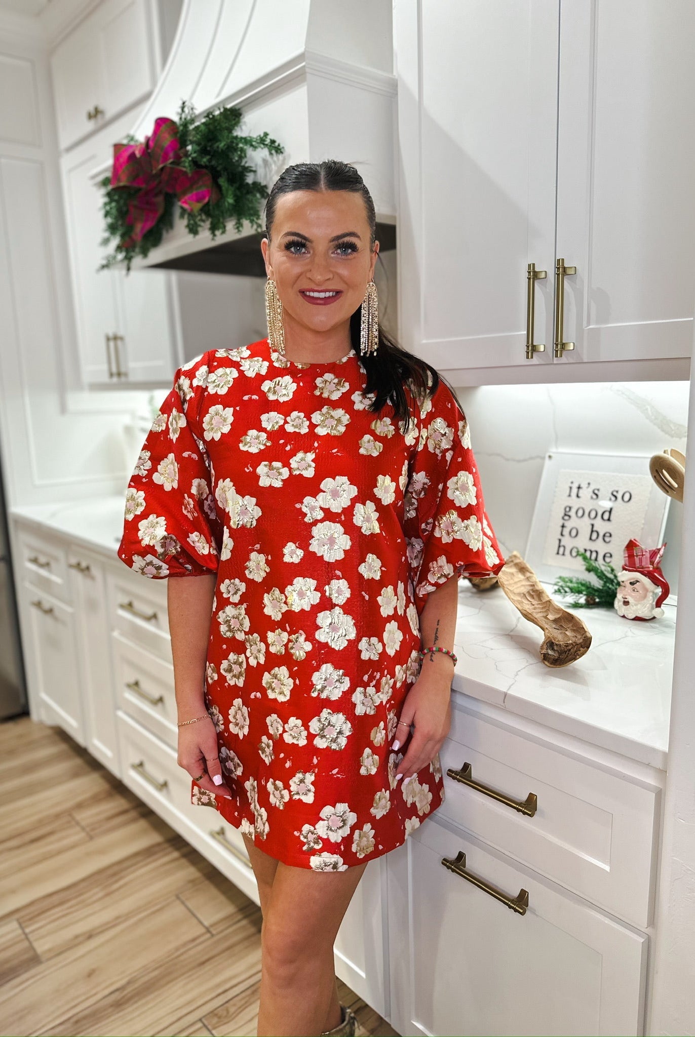 BECKY JACQUARD SCARLET DRESS- RED WITH GOLD DETAIL - Dress