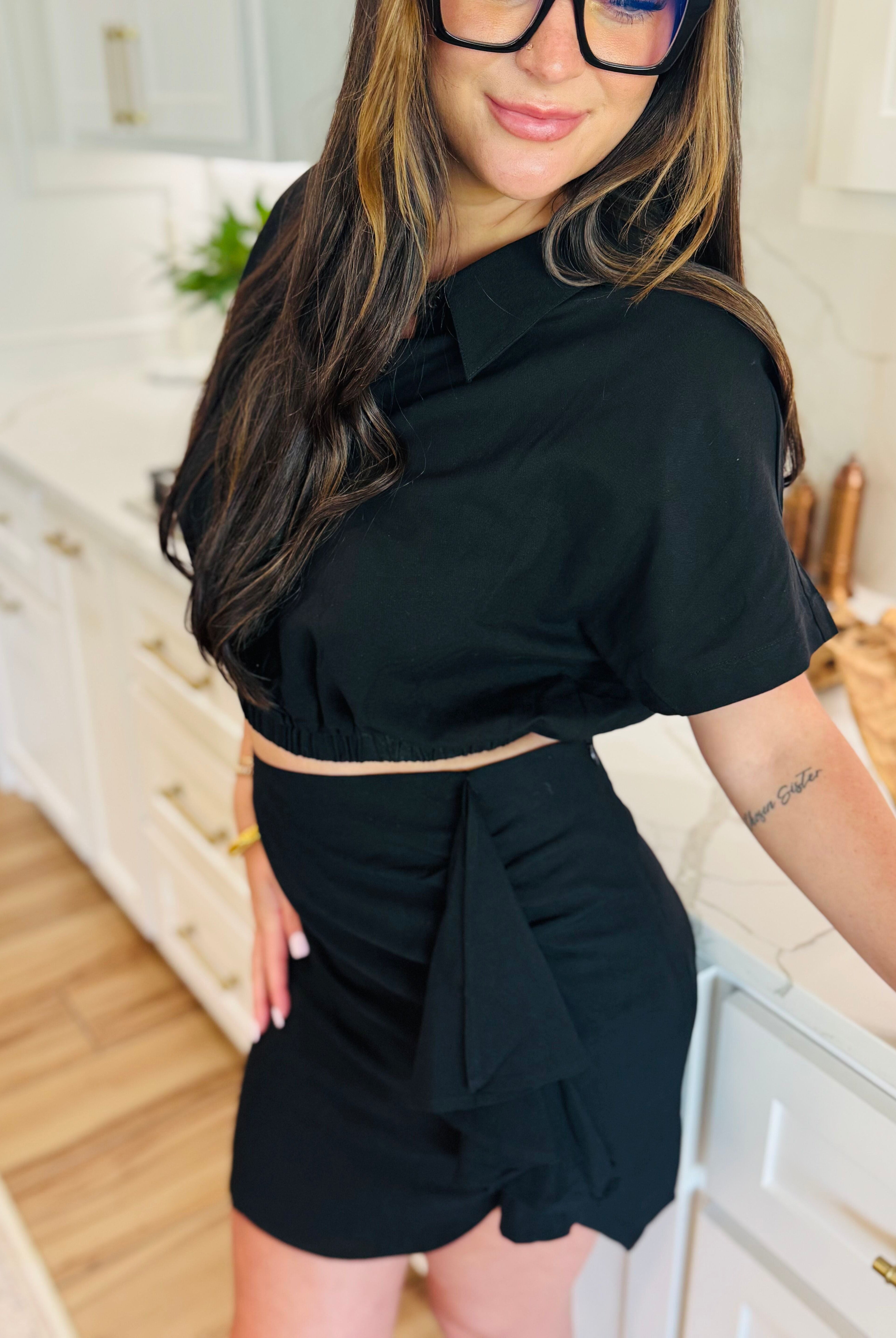 BLACK LINEN TWO PIECE SKIRT SET - Elegant black linen skirt and top ensemble perfect for dressing up or down, showcasing versatility and sophistication.