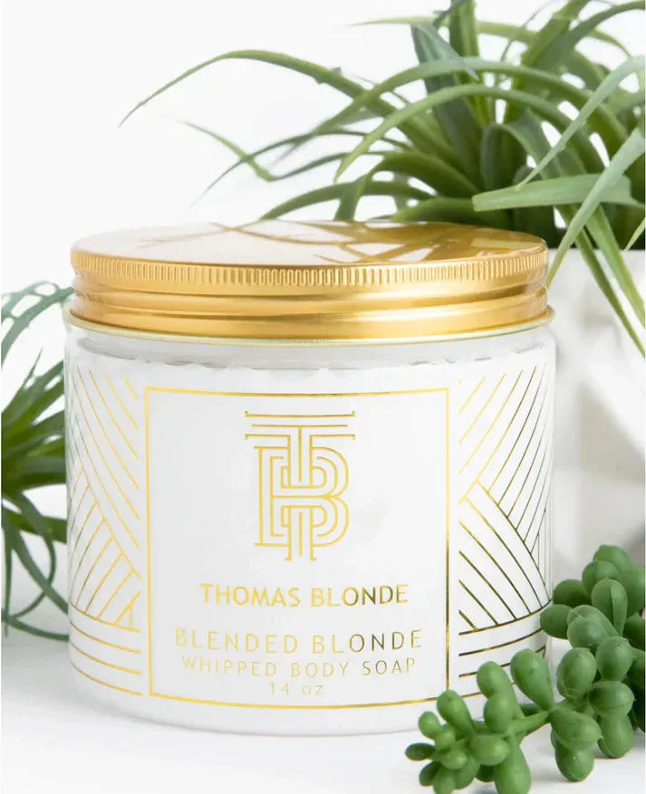 Thomas Blonde Blended Blonde Whipped Body Soap in a white jar with a gold lid and gold geometric design. 14 oz.