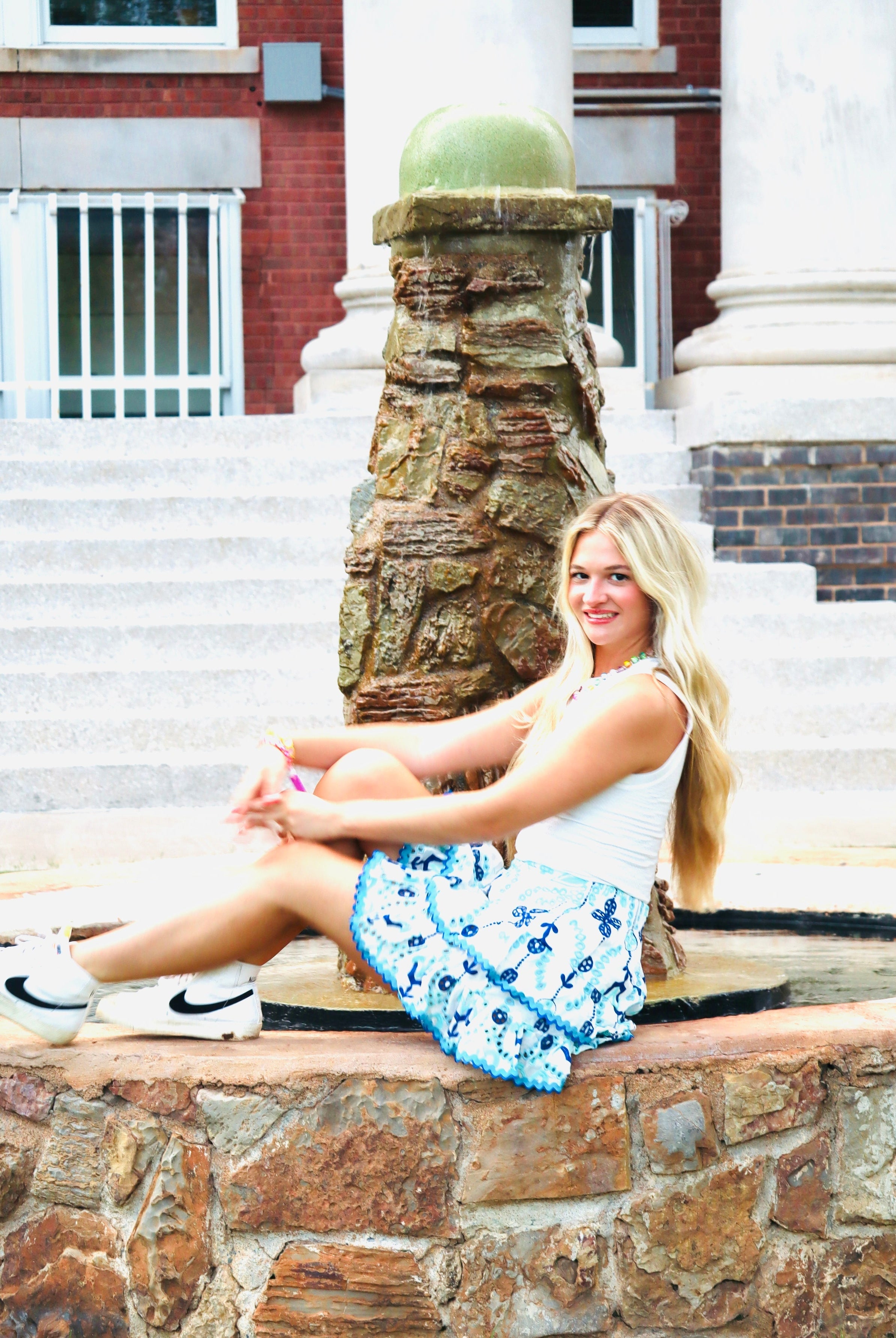 BLUE AND WHITE EYELET SKIRT AND RIC RAC TRIM DETAIL - Bottoms