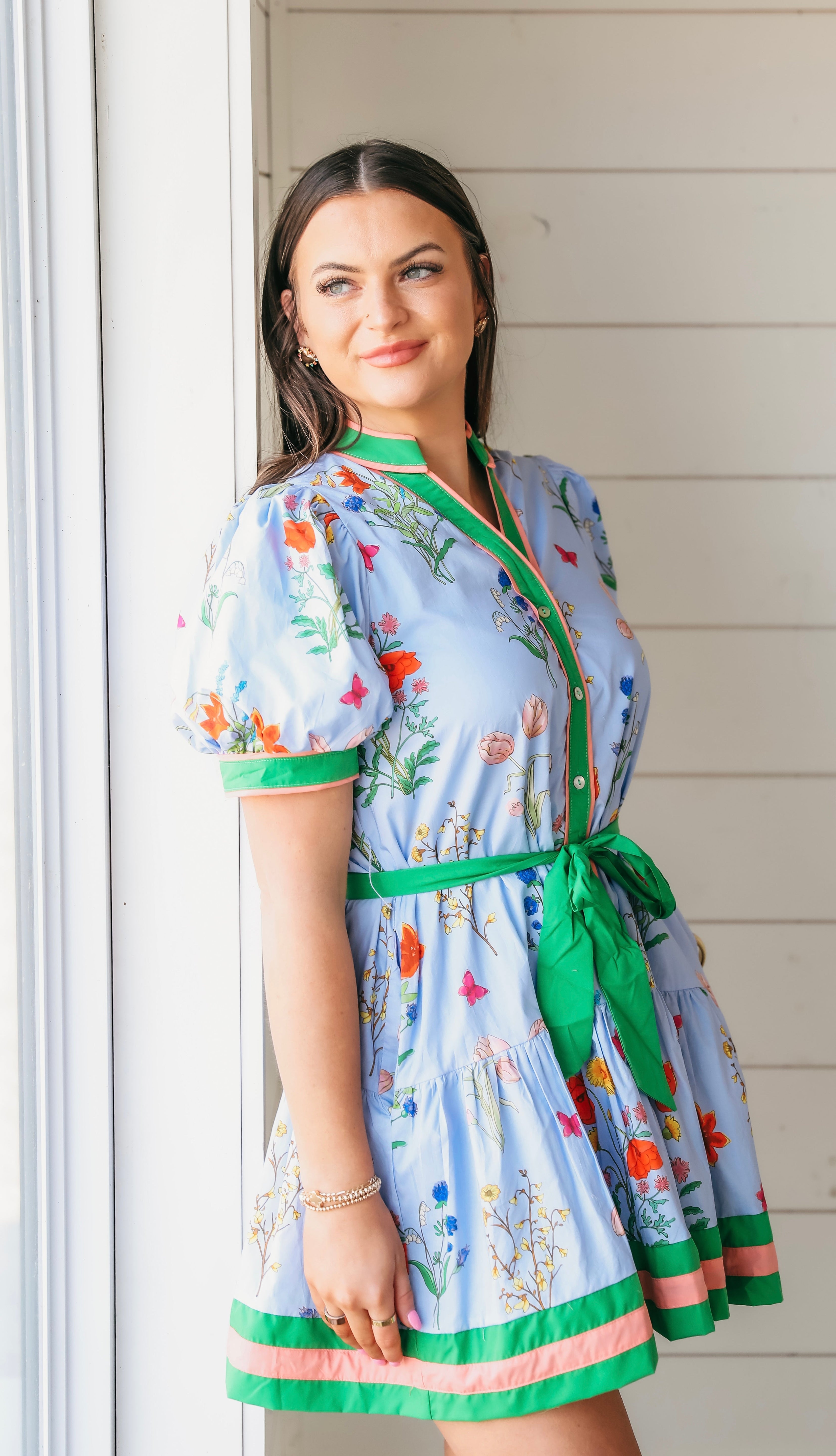 Blue Entro Floral Button Down Dress with Tie Belt - Dress