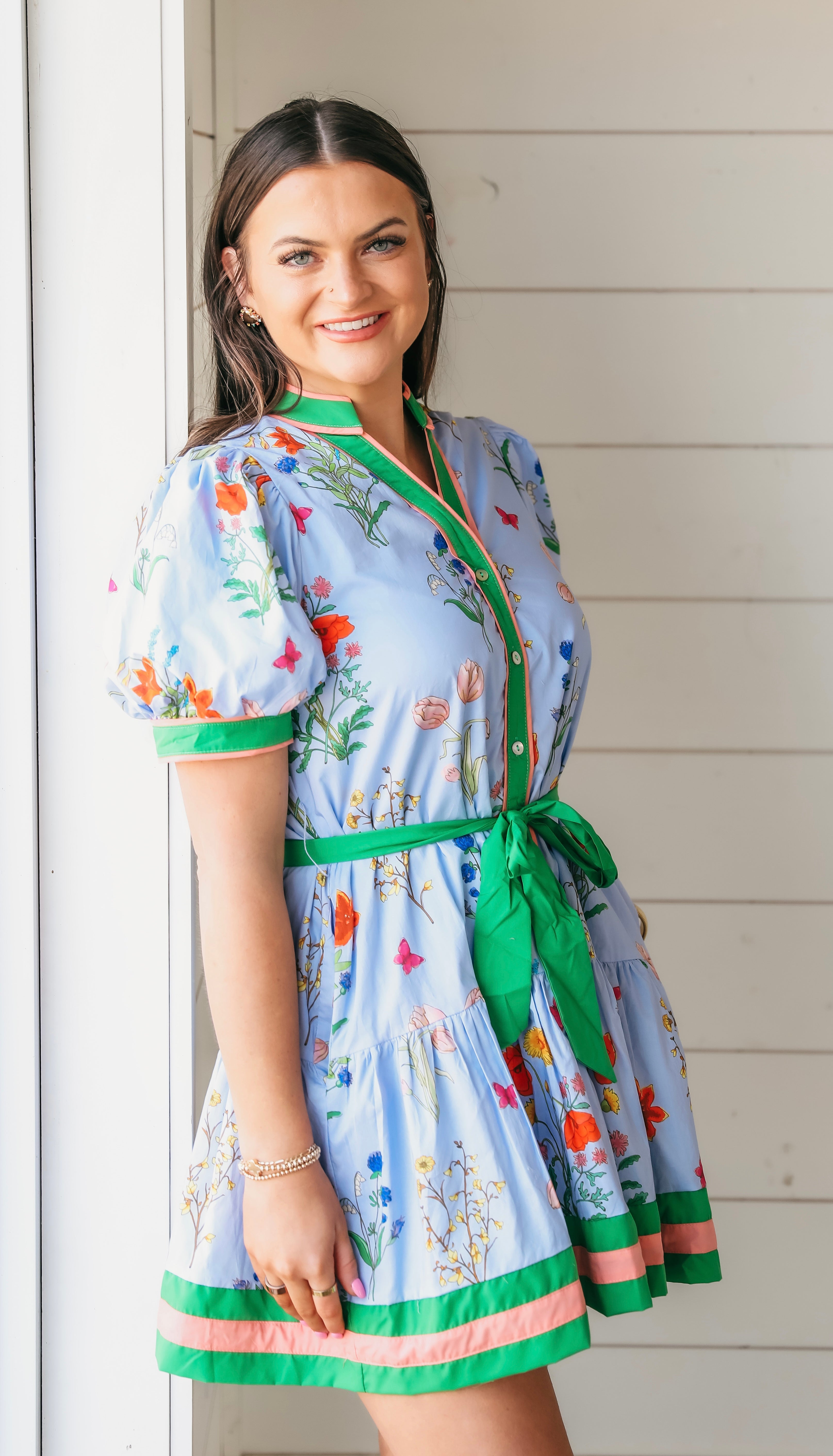 Blue Entro Floral Button Down Dress with Tie Belt - Dress