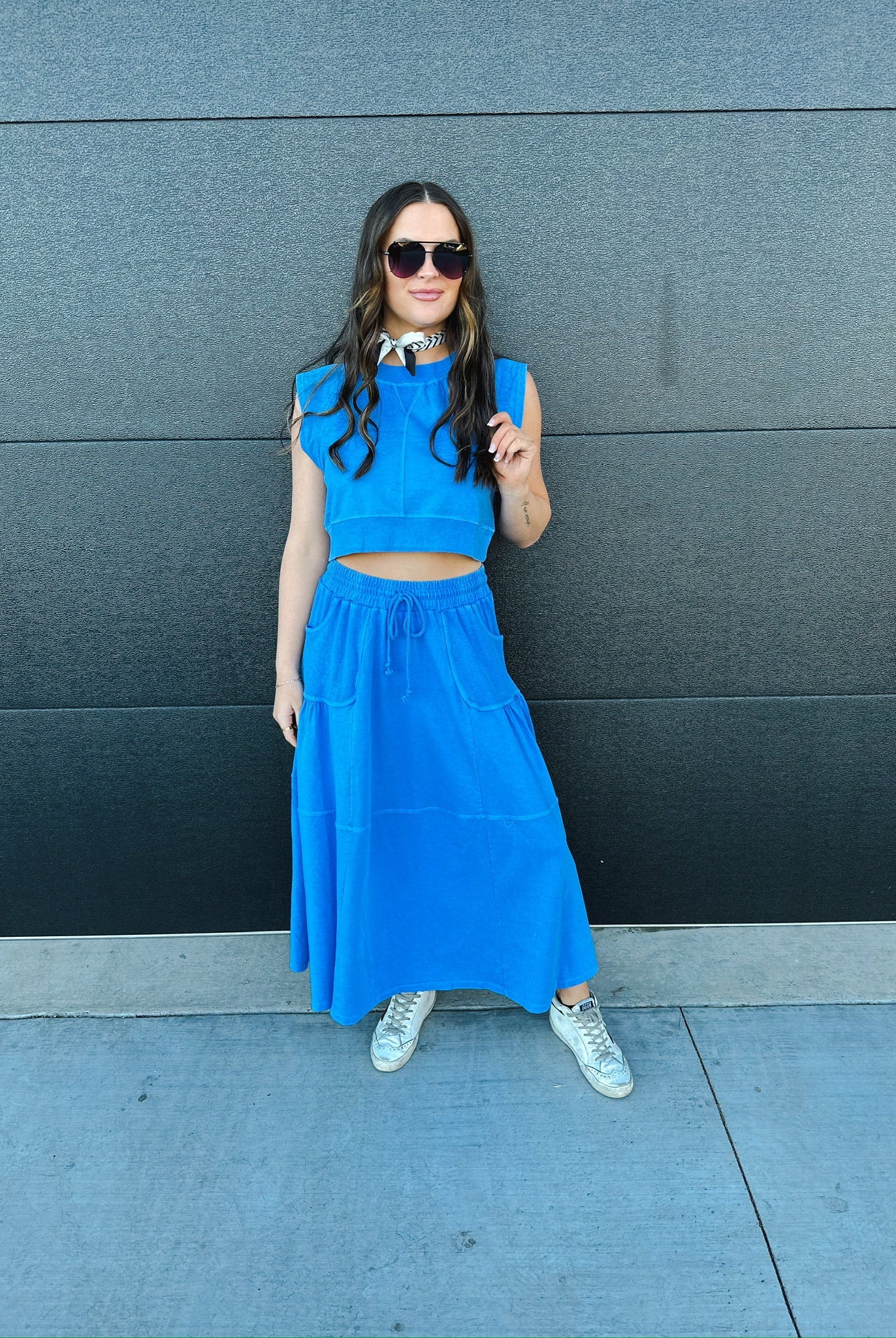 BLUE SLEEVELESS TOP AND SKIRT SET