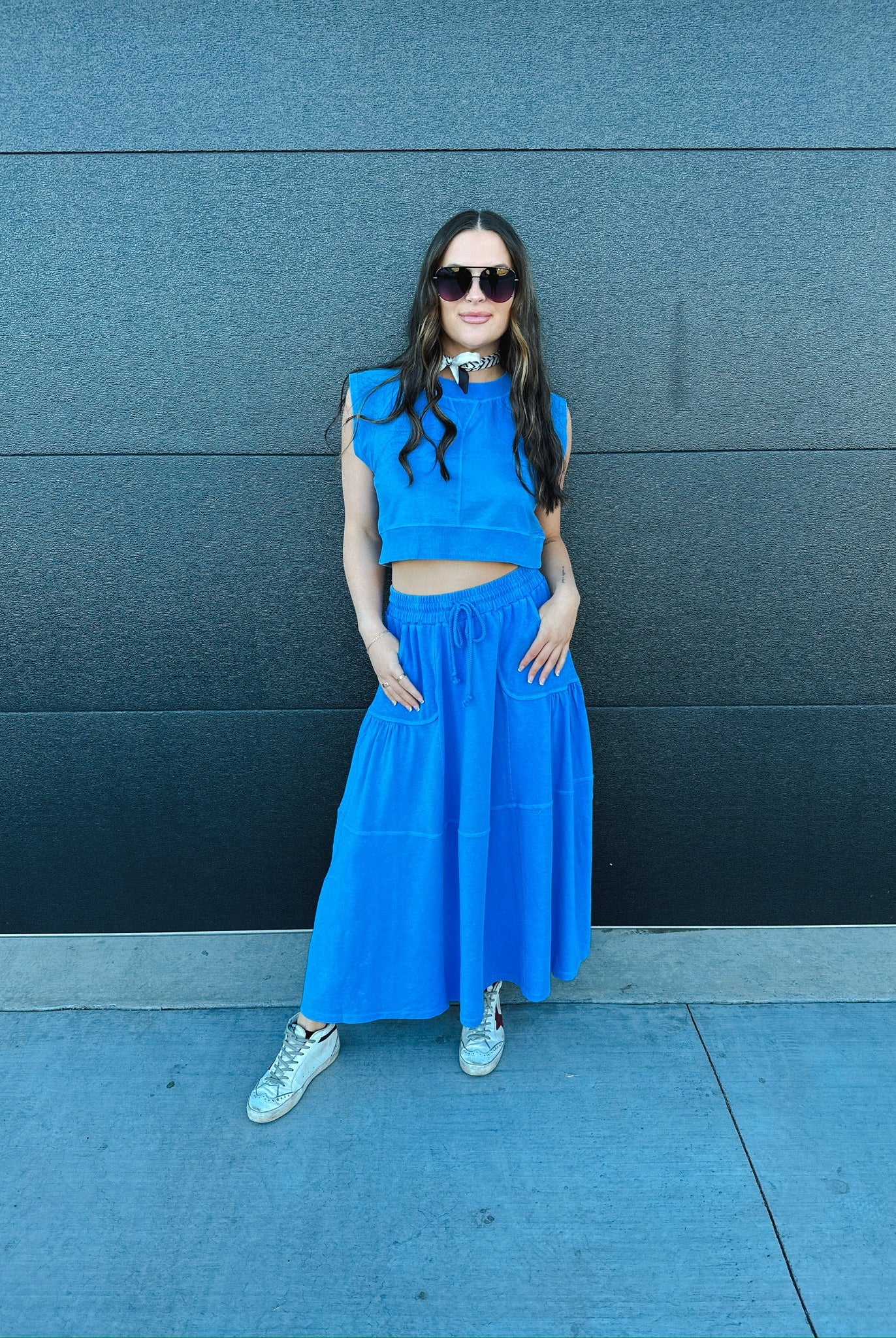 BLUE SLEEVELESS TOP AND SKIRT SET