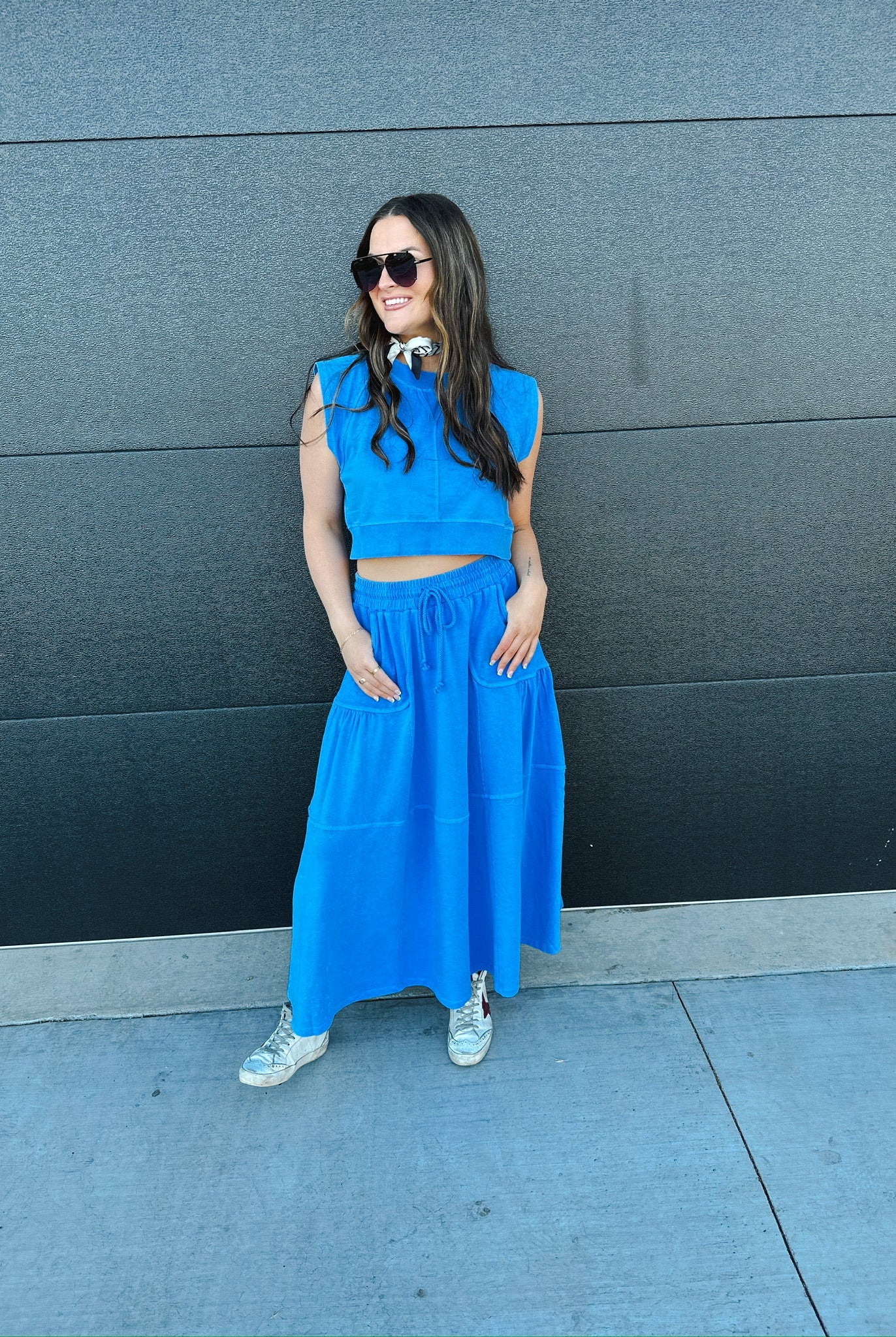 BLUE SLEEVELESS TOP AND SKIRT SET