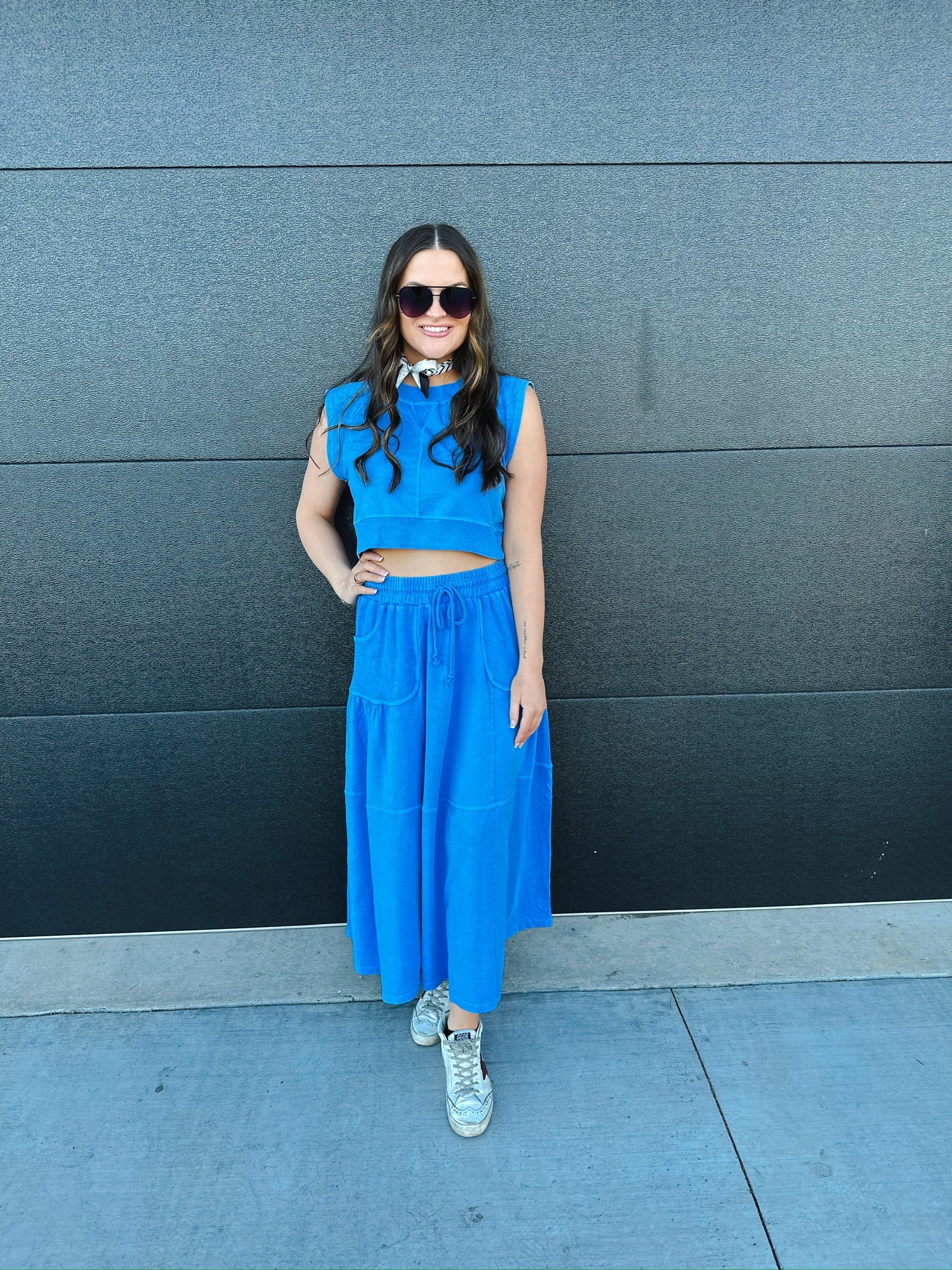 BLUE SLEEVELESS TOP AND SKIRT SET