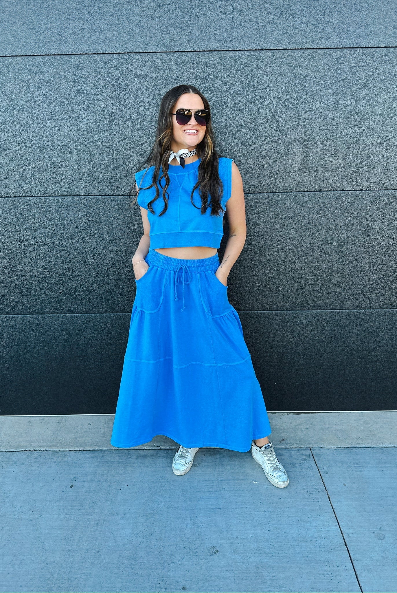 BLUE SLEEVELESS TOP AND SKIRT SET