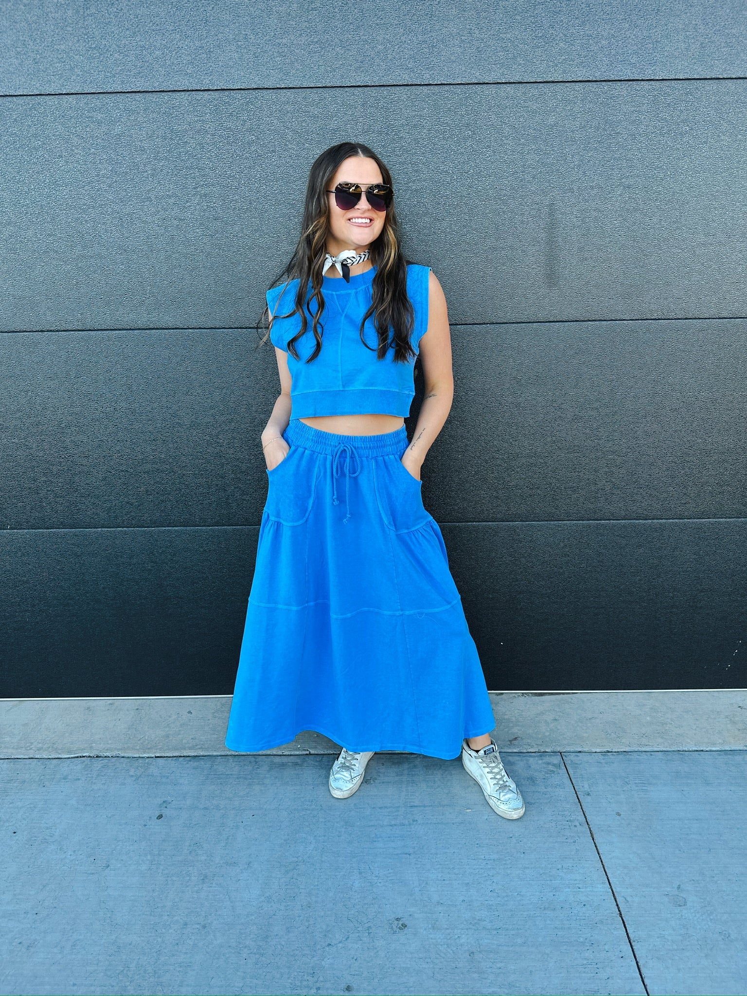 BLUE SLEEVELESS TOP AND SKIRT SET