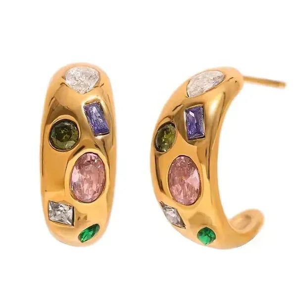 Gold plated hoop earrings adorned with a variety of colorful gemstones including pink oval, green round, purple