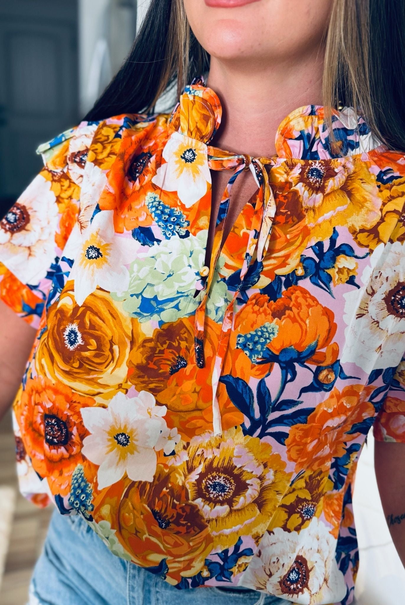 BUDDY LOVE ORANGE AND BLUE MANGO FLORAL TOP - Tops