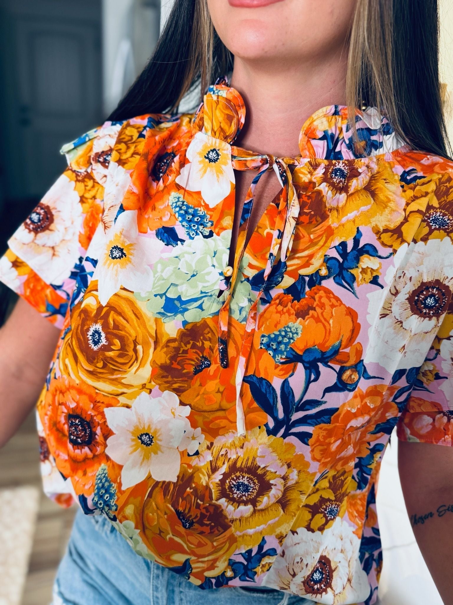 BUDDY LOVE ORANGE AND BLUE MANGO FLORAL TOP - Tops