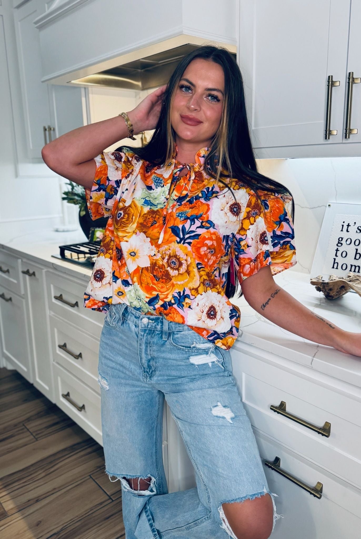 BUDDY LOVE ORANGE AND BLUE MANGO FLORAL TOP - Tops