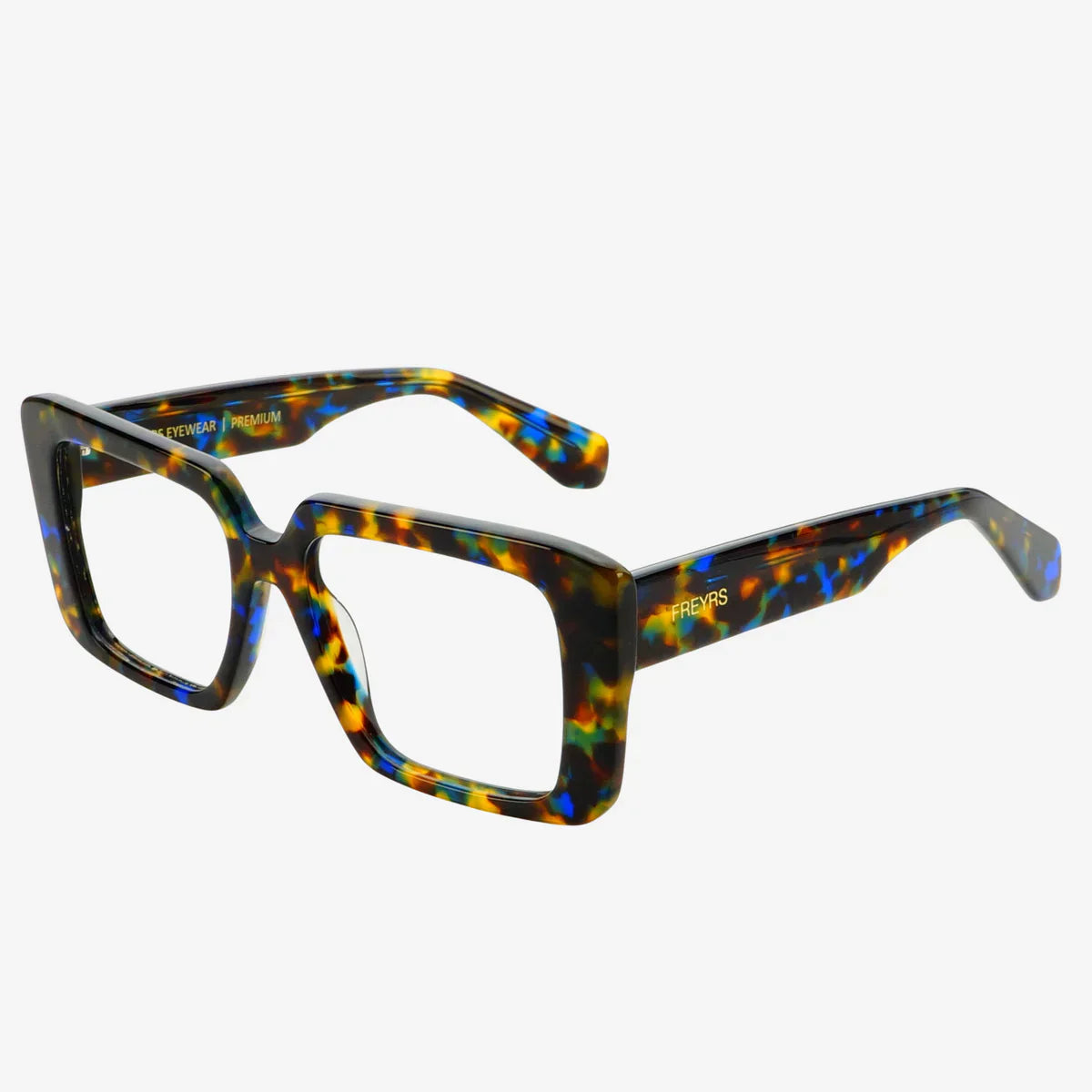Camilla blue light reading glasses with thick, square, multi-colored tortoise shell frames and clear lenses.