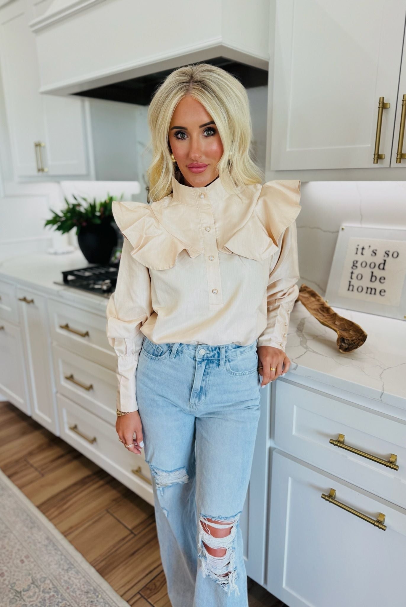 BUTTON CHAMPAGNE RUFFLE DETAIL STAND COLLAR BLOUSE - Large - Tops