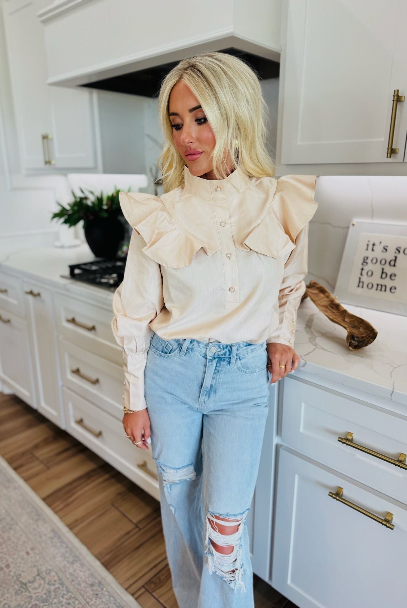 BUTTON CHAMPAGNE RUFFLE DETAIL STAND COLLAR BLOUSE - Tops