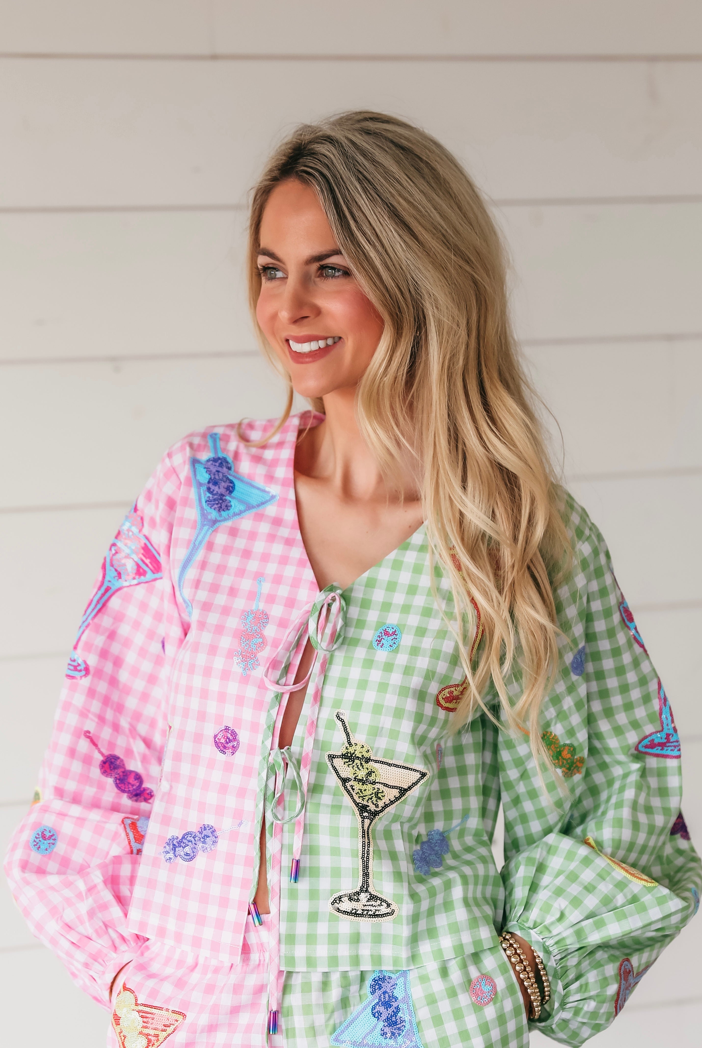 QUEEN OF SPARKLES GINGHAM MARTINI TIE FROM TOP - Tops