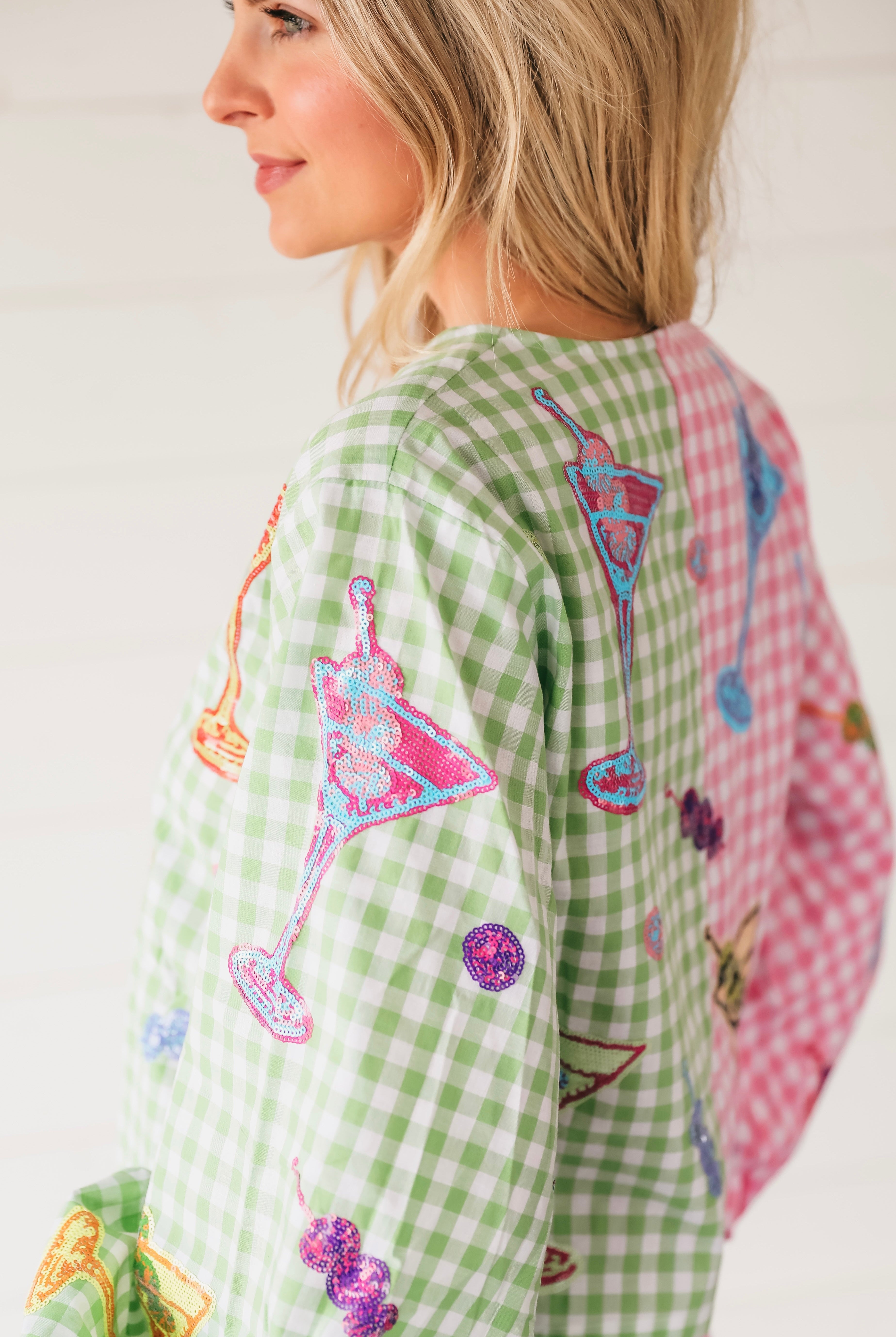 QUEEN OF SPARKLES GINGHAM MARTINI TIE FROM TOP - Tops