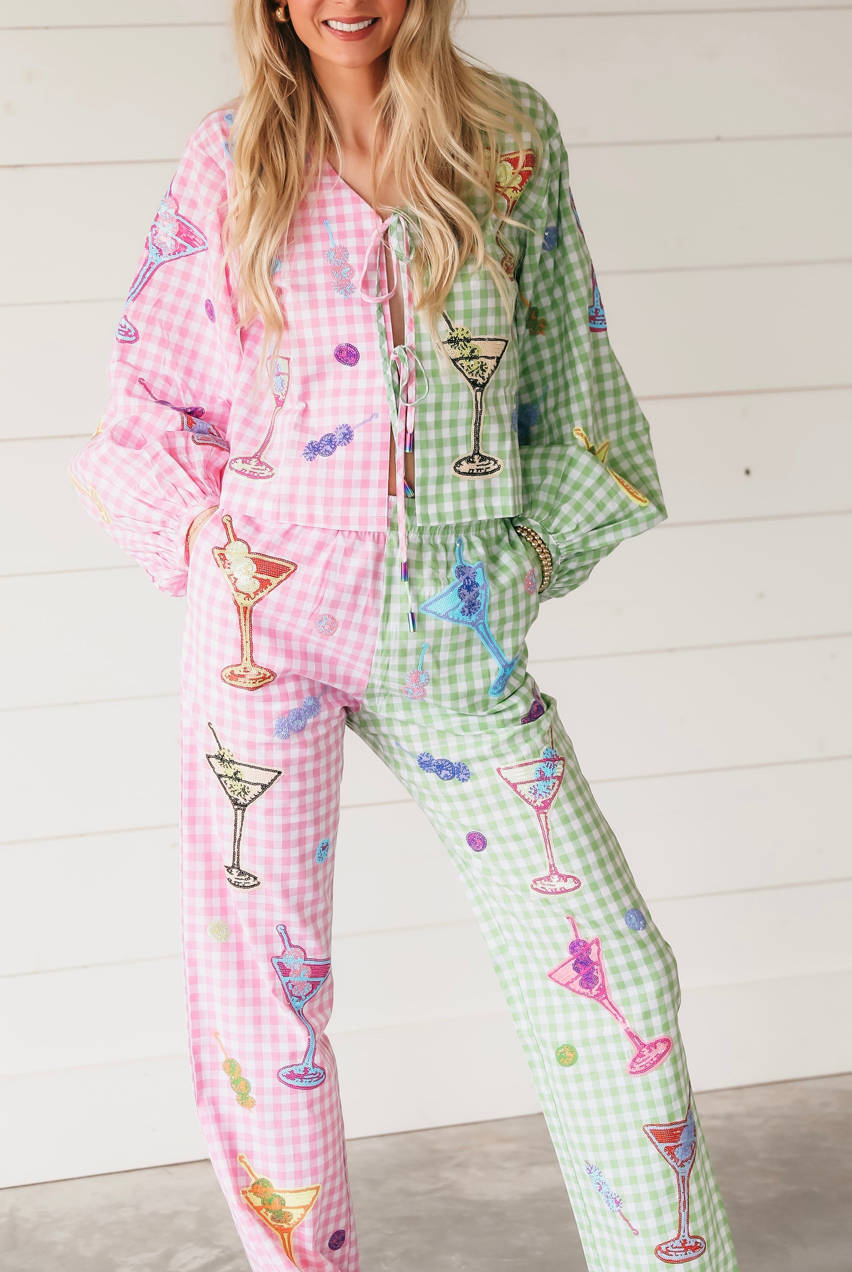 QUEEN OF SPARKLES COLORBLOCK GINGHAM MARTINI STATEMENT PANTS - Bottoms