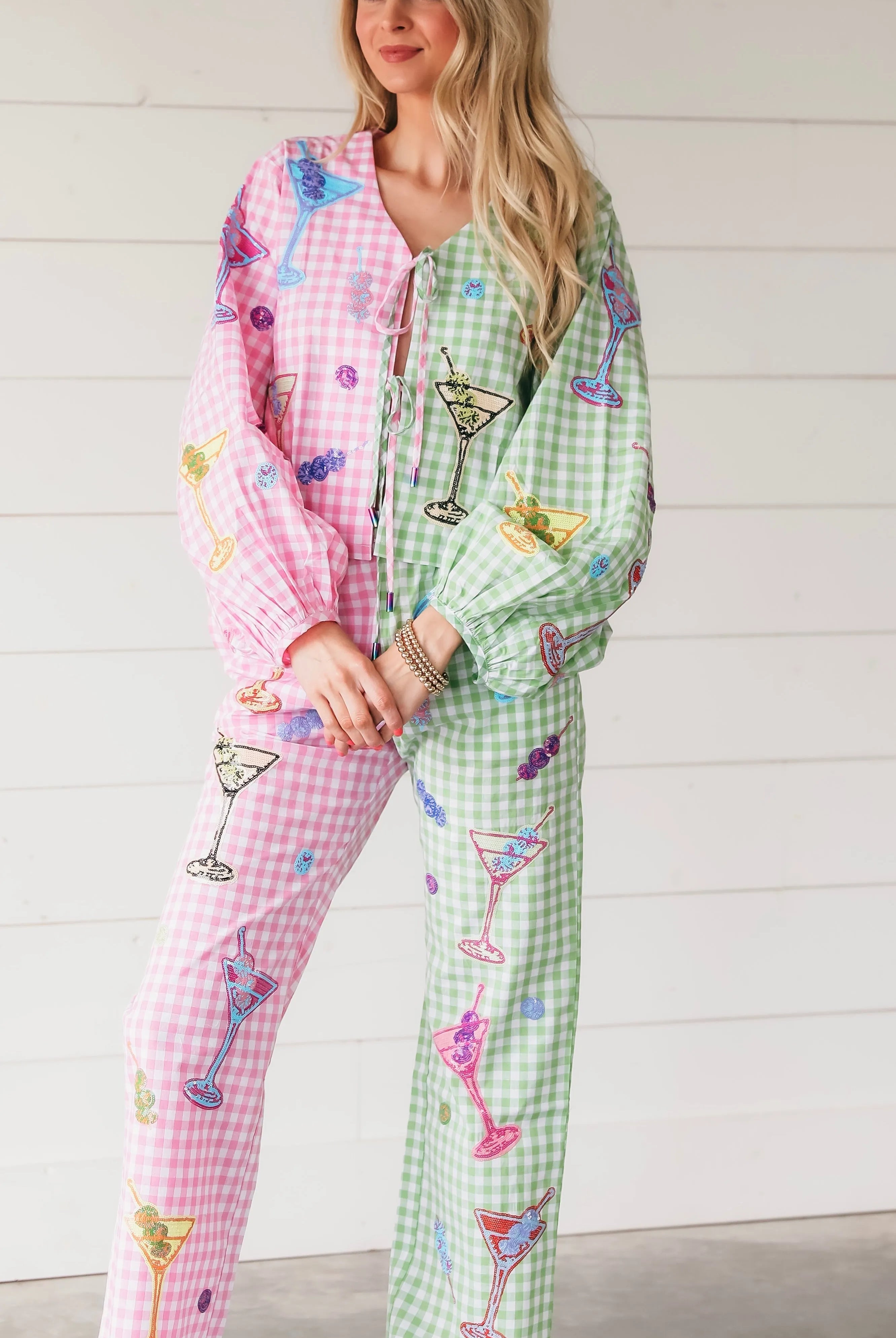Colorblock gingham martini trousers in pink and green, featuring embroidered martini glasses and colorful beads.