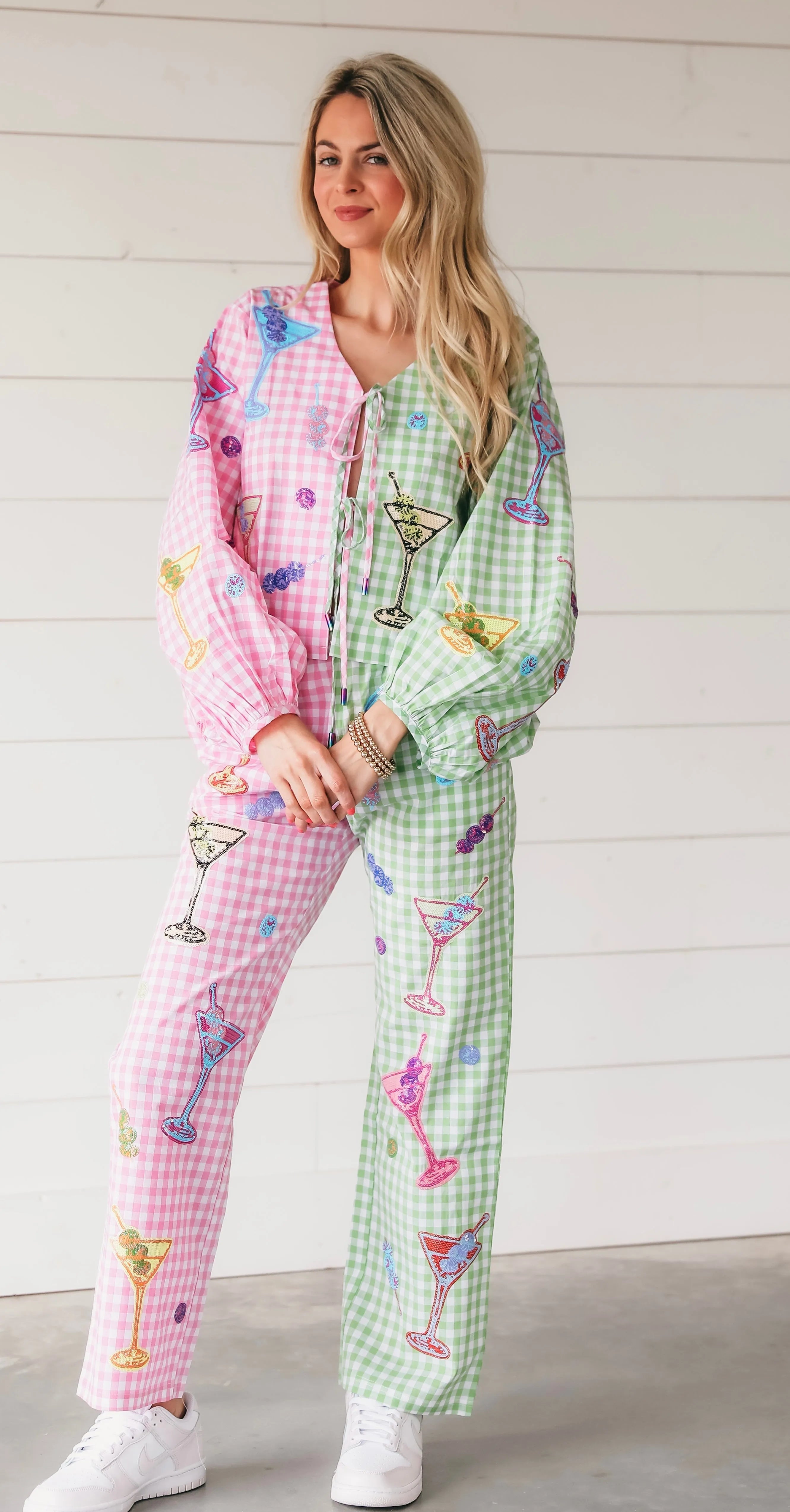Colorblock gingham martini trousers in pink and green, featuring embroidered martini glasses and colorful beads.