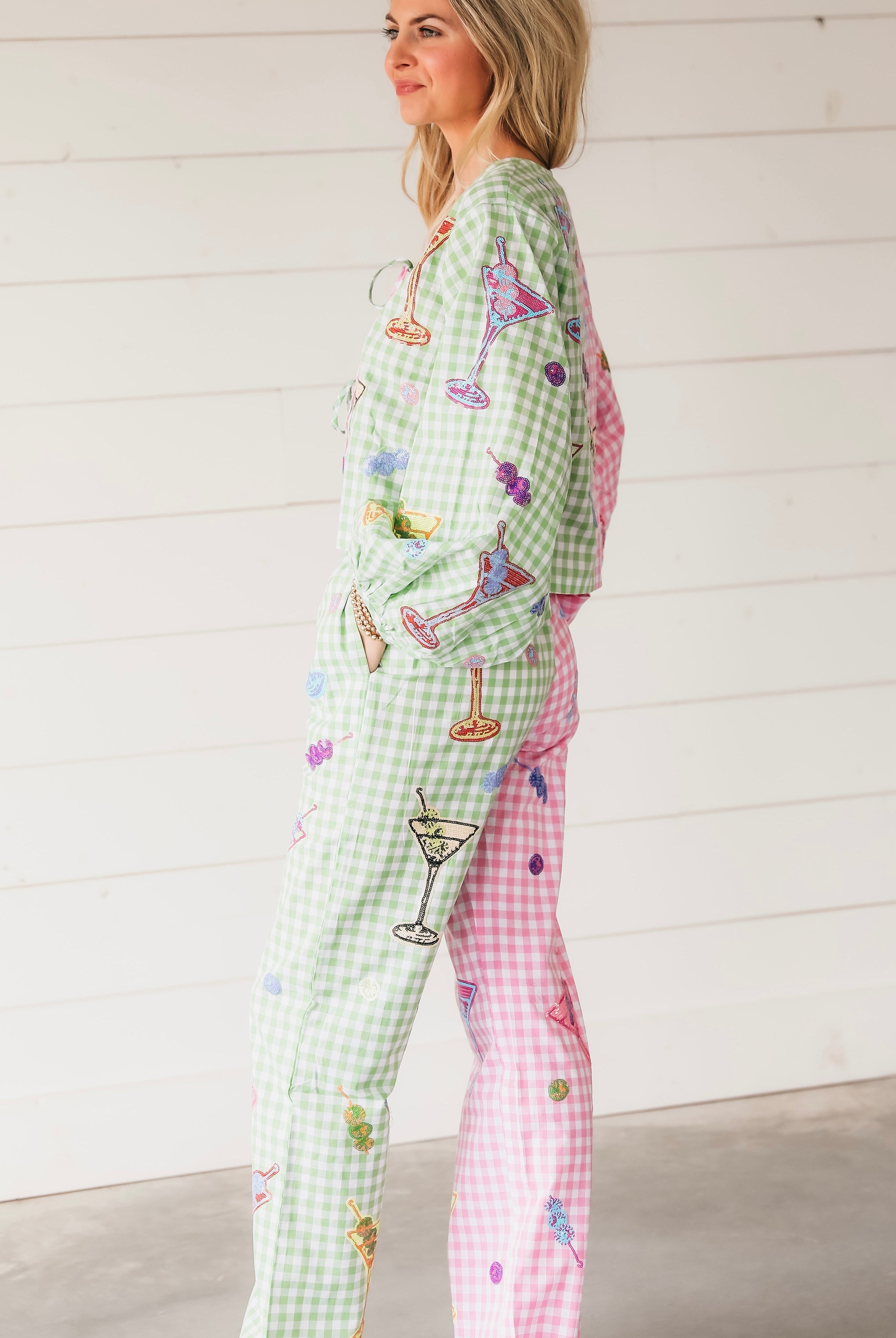 QUEEN OF SPARKLES COLORBLOCK GINGHAM MARTINI STATEMENT PANTS - Bottoms