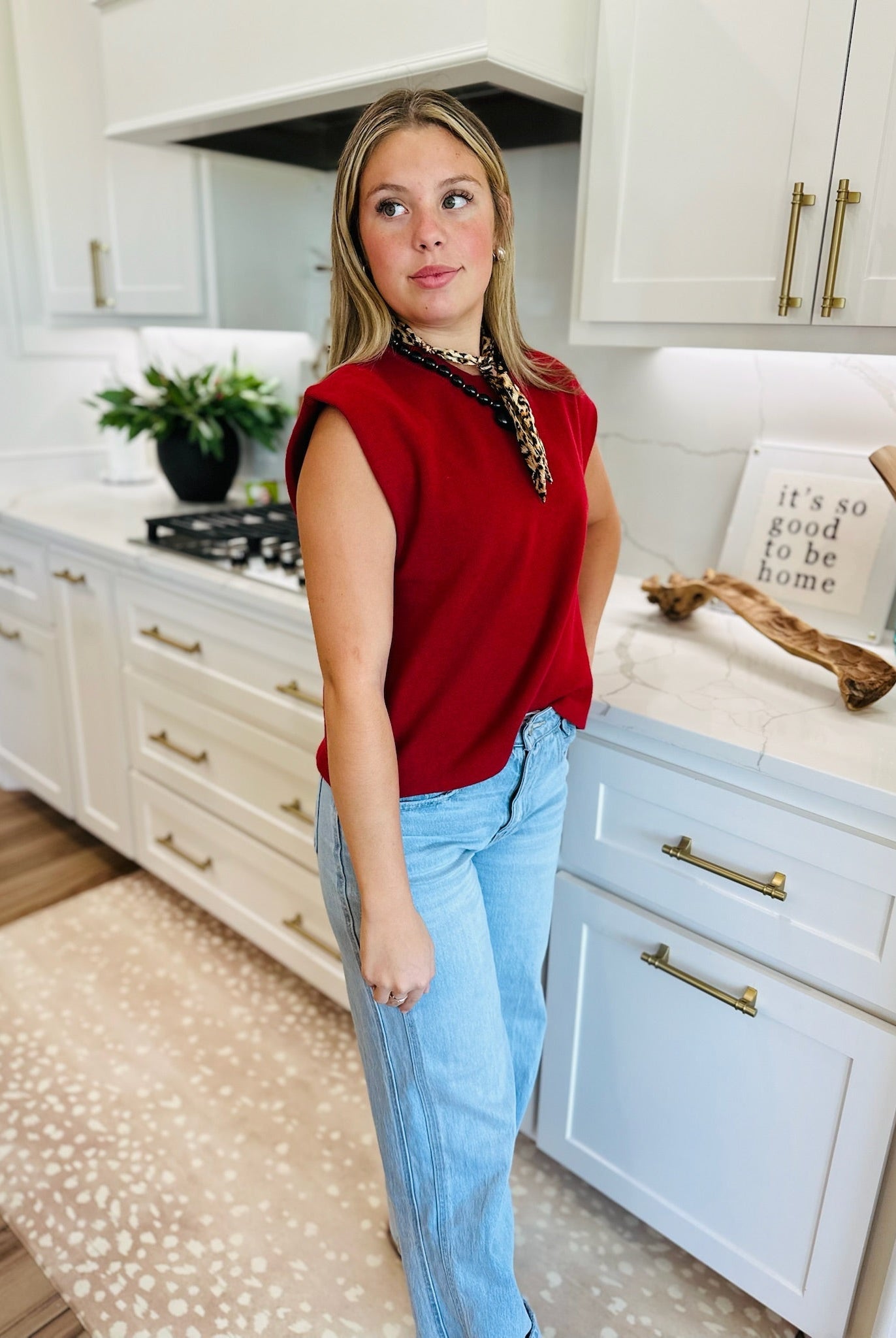 CRIMSON ROUND NECK CAP SLEEVE SWEATER - Tops