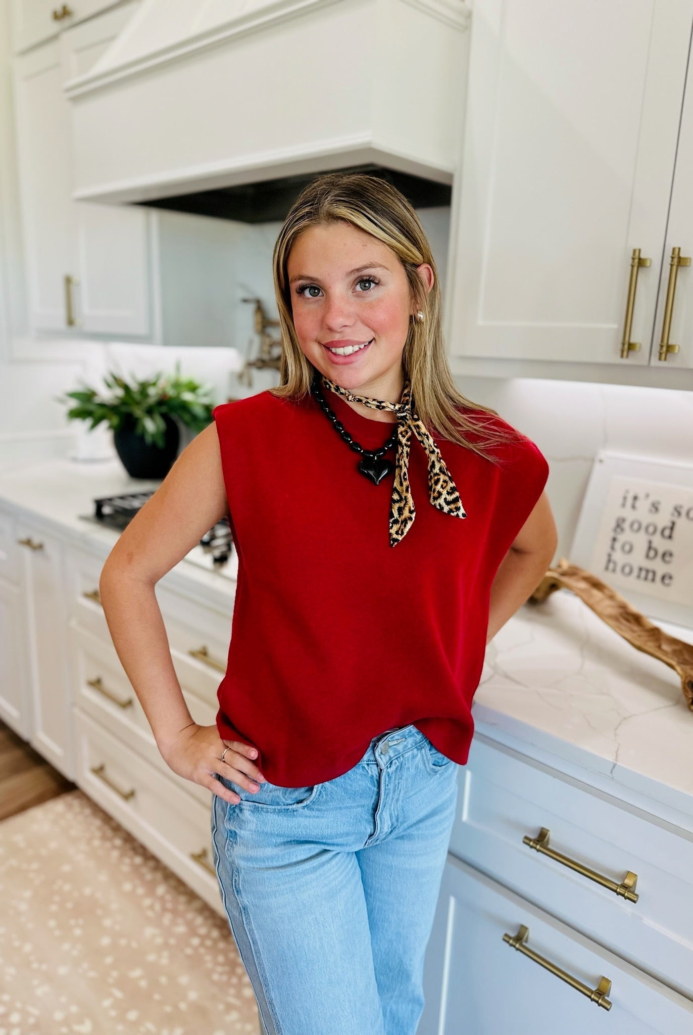 CRIMSON ROUND NECK CAP SLEEVE SWEATER - Tops