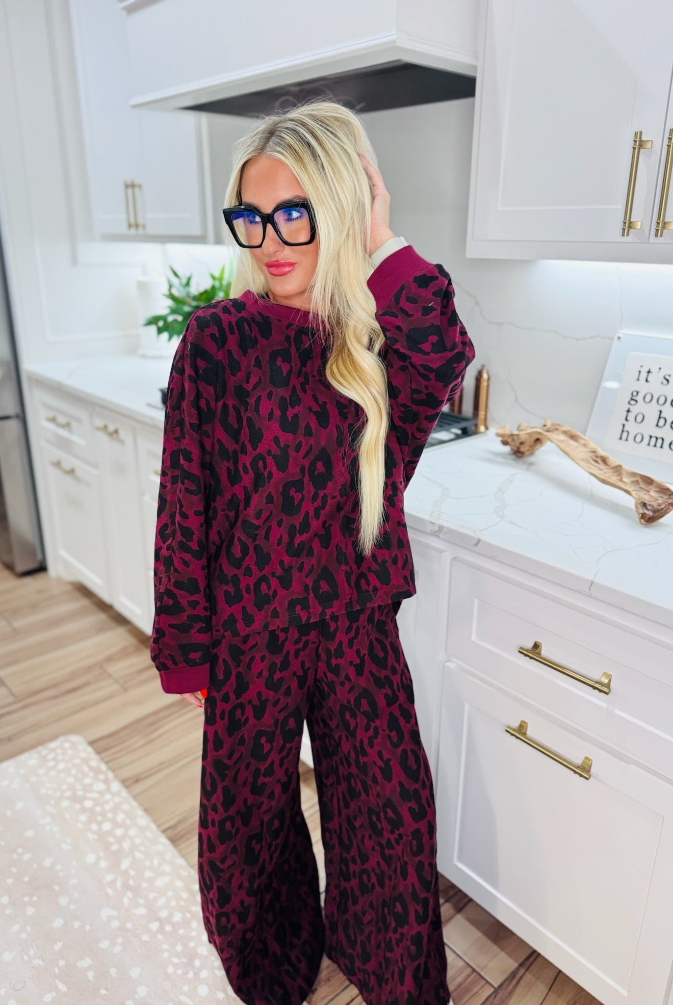 DAVI & DANI BURGUNDY LEOPARD LOOP TERRY PANT SET - SET