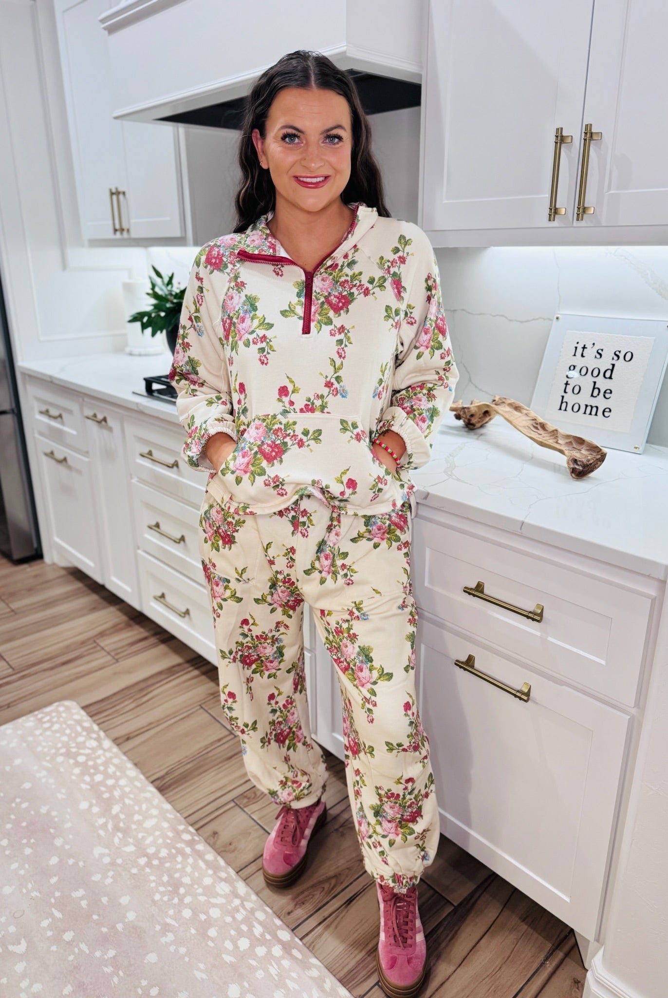 DAVI & DANI FLORAL FRENCH TERRY HALF-ZIP SET- NATURAL PINK BOUQUET - SET