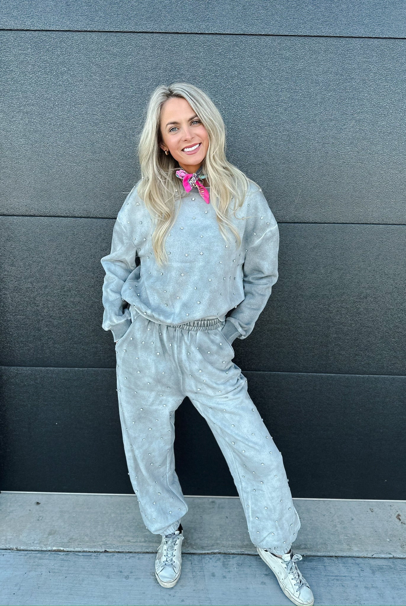 DAVI & DANI GREY RHINESTONE SWEAT SET - SET
